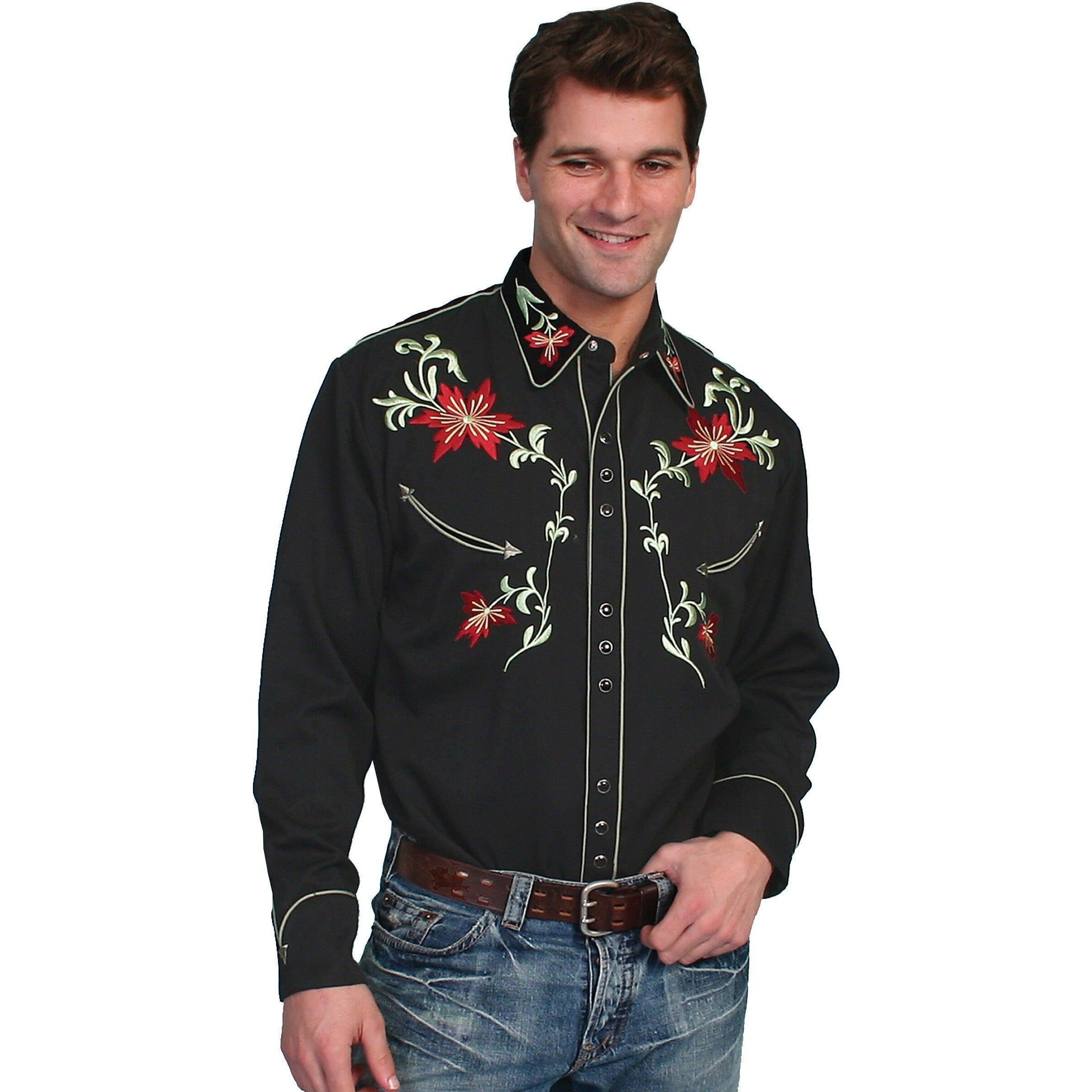 Scully Men's Floral Embroidered Vintage Long Sleeve Western Shirt Black Small