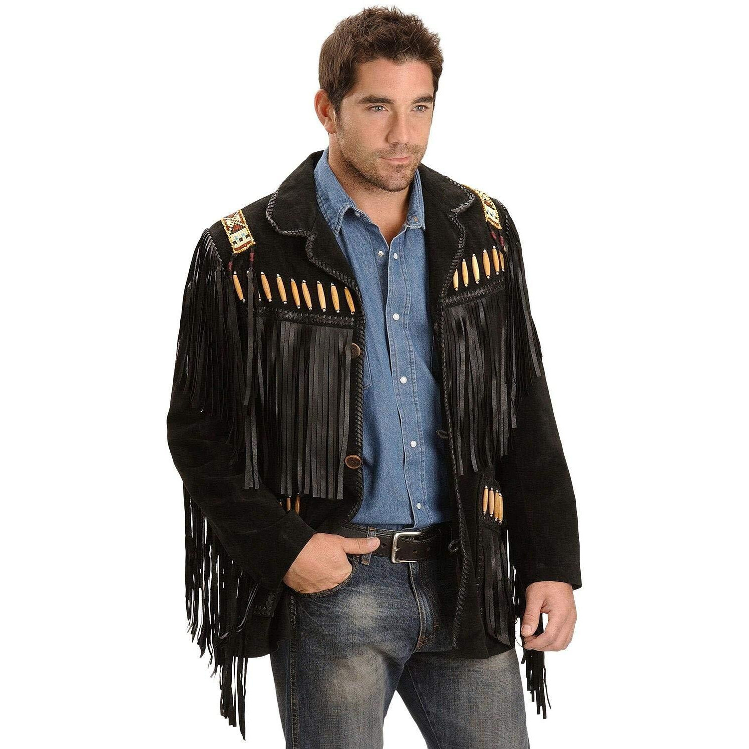 Scully Men's Bone Beaded Fringe Leather Jacket Black 48 R