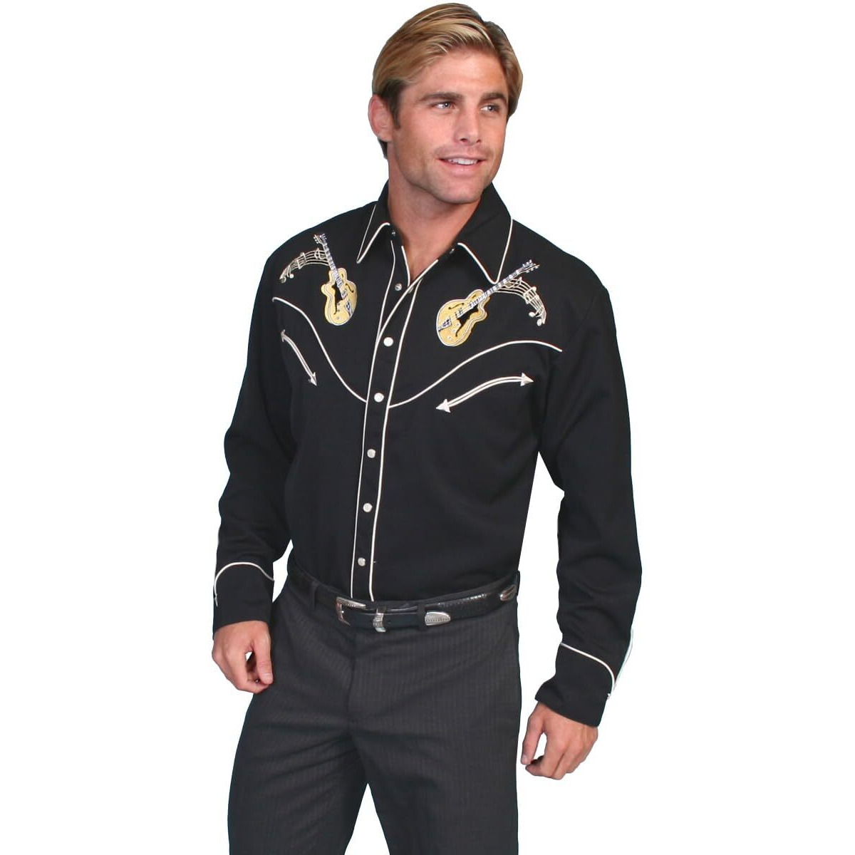 Scully Men's Rock N Roll Guitar Embroidered Retro Western Shirt Big and Tall Black 3X