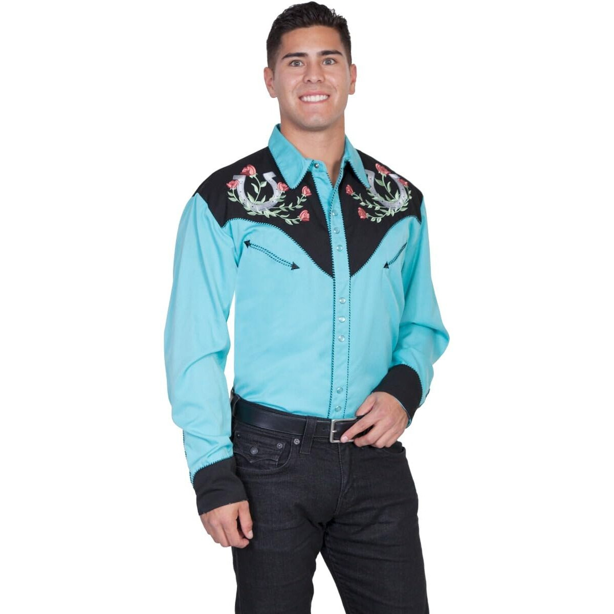 Scully Men's Rose and Horseshoe Embroidered Retro Long Sleeve Western Shirt Turquoise Small