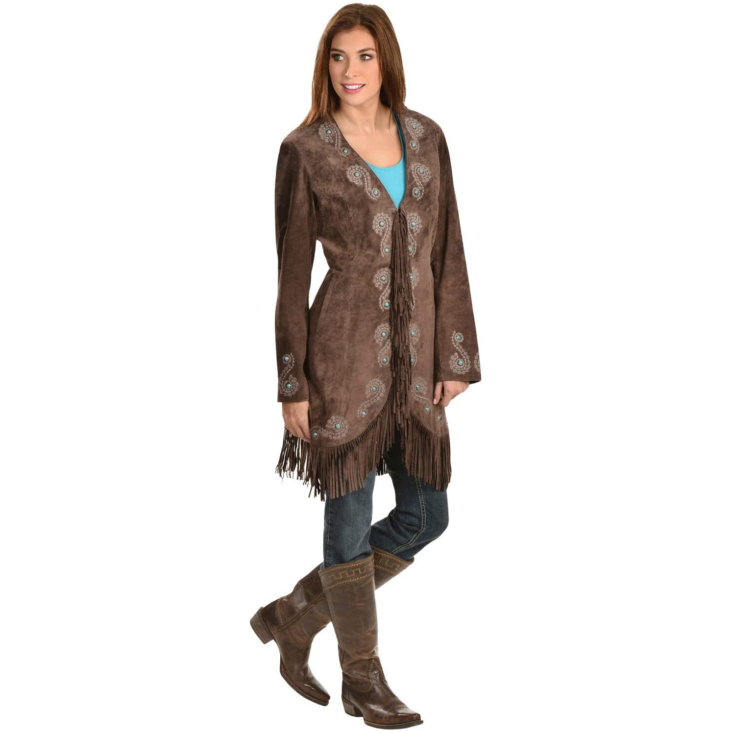 Scully Women's Embroidered Fringe Long Suede Leather Jacket Brown Large
