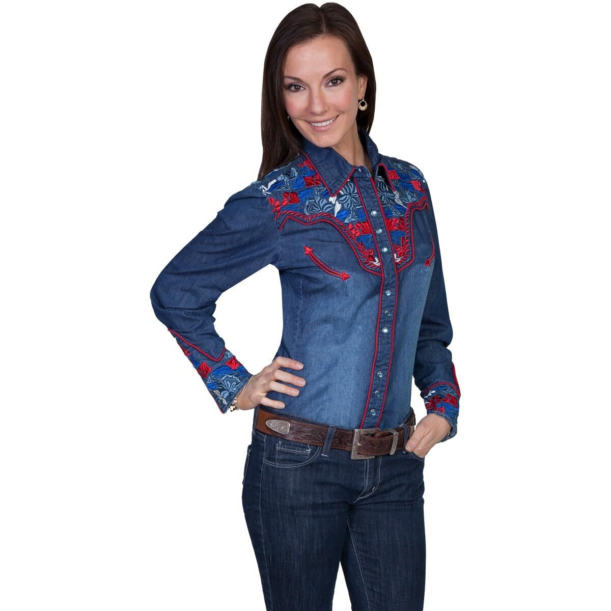 Scully Multi Colored Embroidered Yoke and Sleeve Western Shirt PL654C DEN ***, Blue, Medium