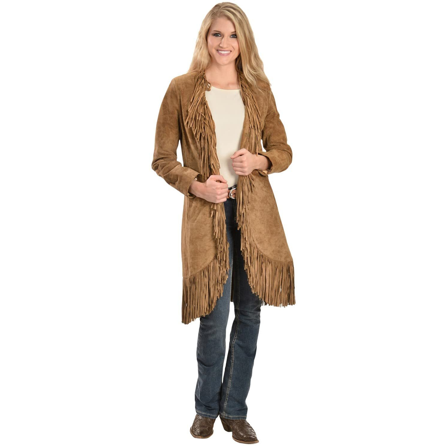 Scully Women's Helena Long Soft Suede Fringe Leopard Lining Coat, Cinnamin, XL