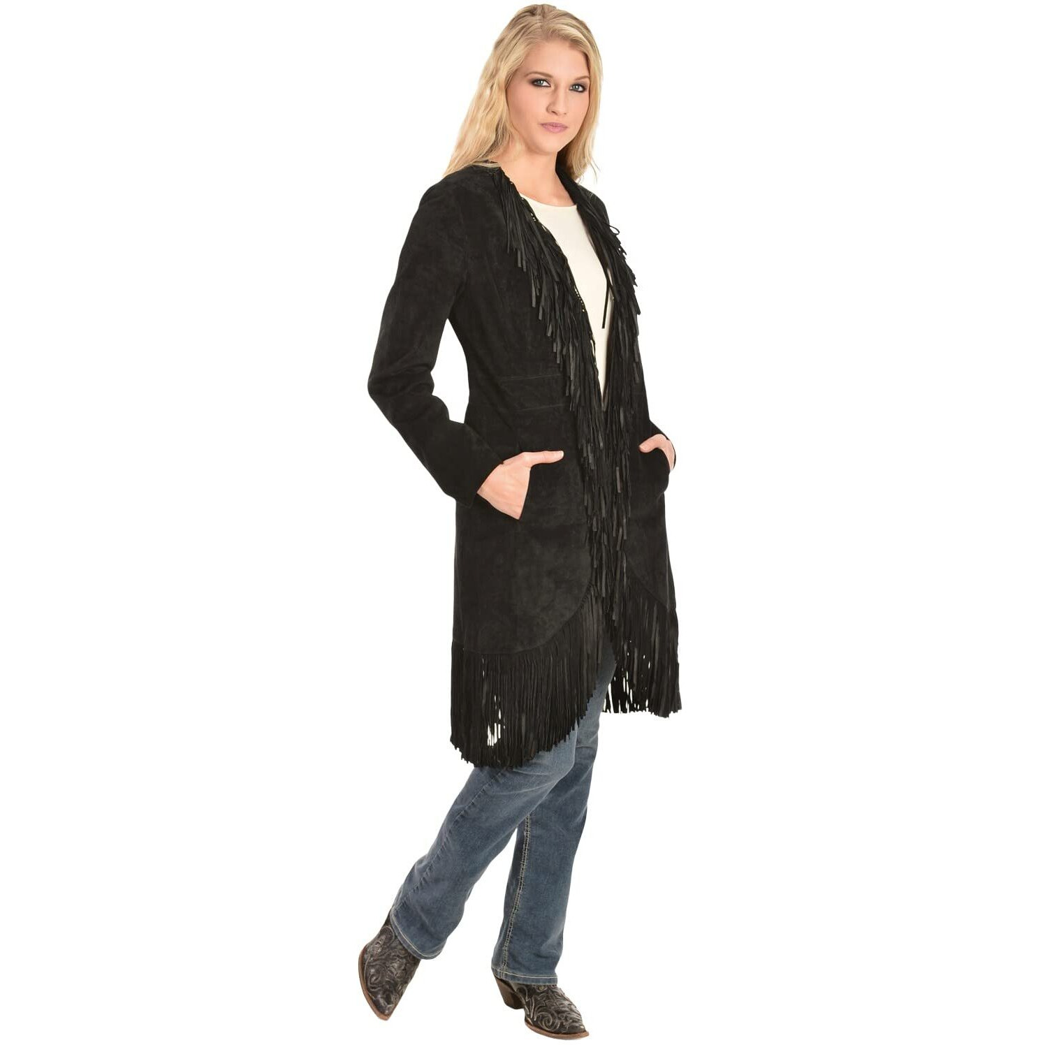 Scully Women's Helena Long Soft Suede Fringe Leopard Lining Coat, Black, SM
