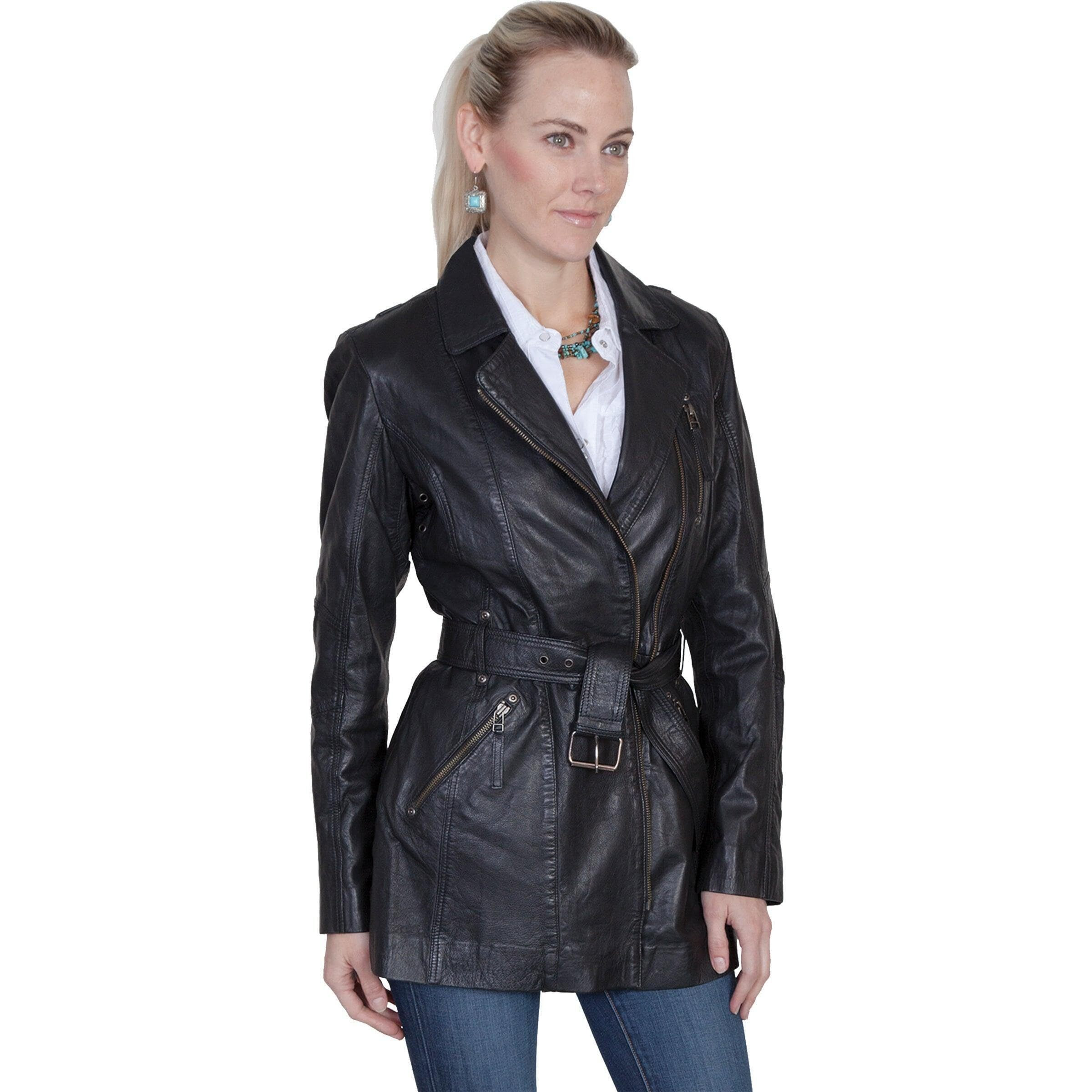 Scully Women's Leatherwear Washed Lamb Leather Adjustable Belt Coat Black Small