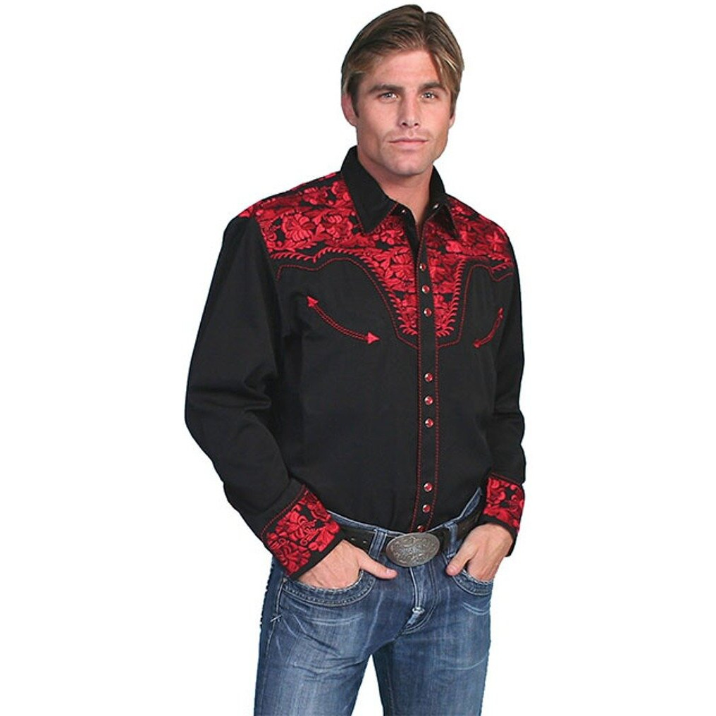 Scully Men's Crimson Floral Embroidery Retro Long Sleeve Western Shirt Dark Red XX-Large