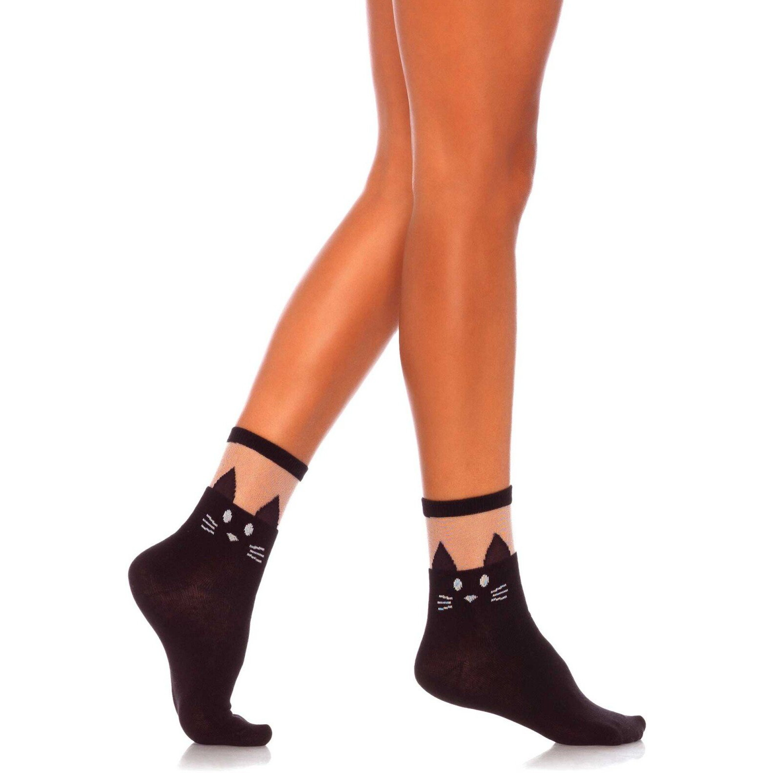 Leg Avenue Women's Black Cat Opaque Anklet Socks with Sheer Top, One Size