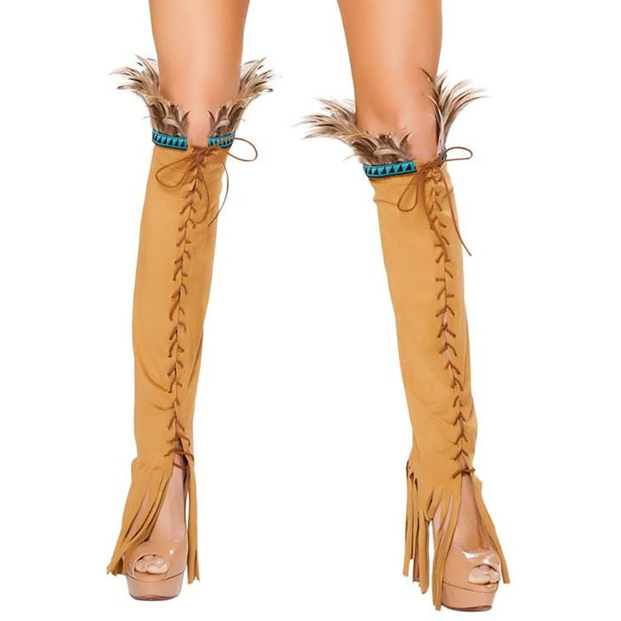 Roma Costume Halloween Party Women's Lace up Suede Leg Warmer with Feather and Fringe Detail Brown - One Size
