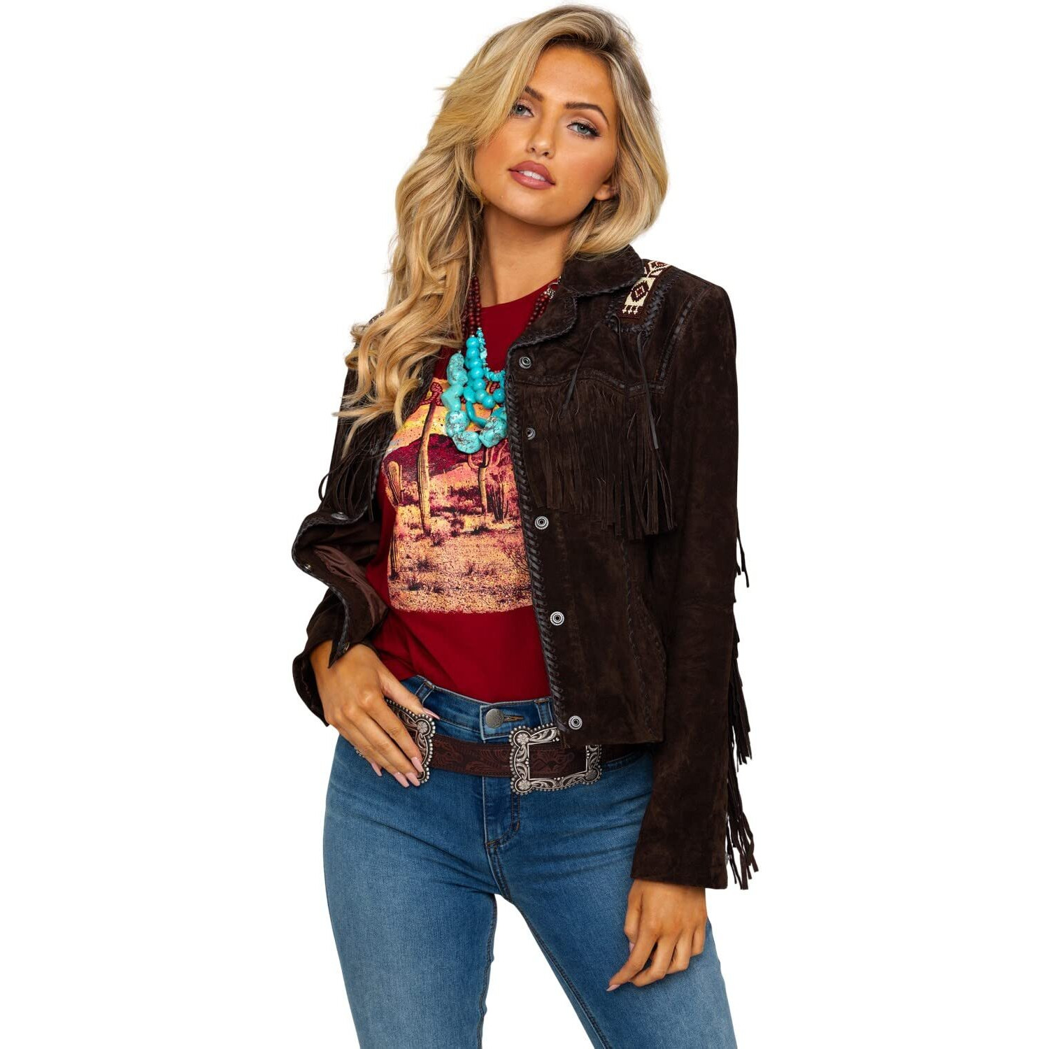 Scully Women's Boar Suede Beaded Fringe Jacket Tan Large