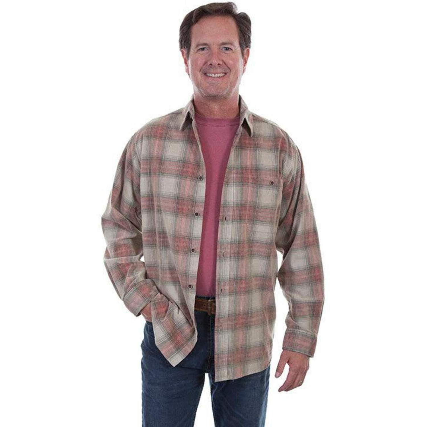 Scully Men's New Yarn Dyed Corduroy Plaid Western Rodeo Shirt Stone Red (L)