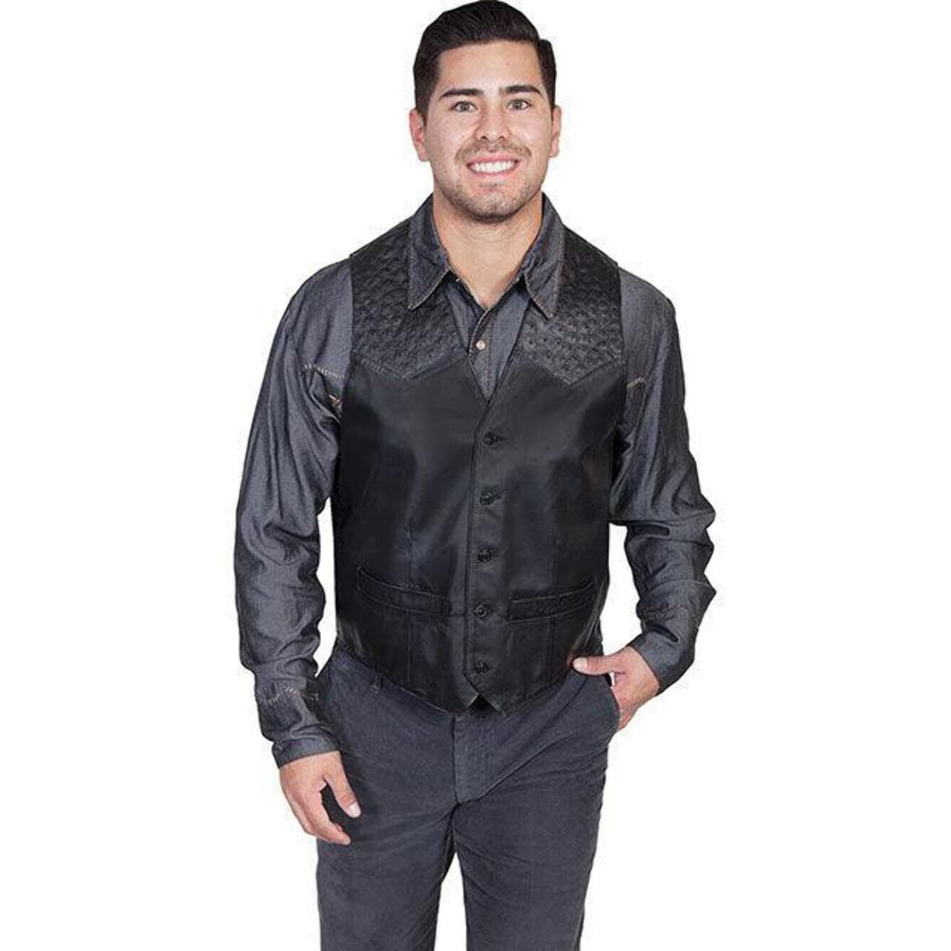 Scully Western Vest Mens Button Leather Ostrich 50 Reg Black 607