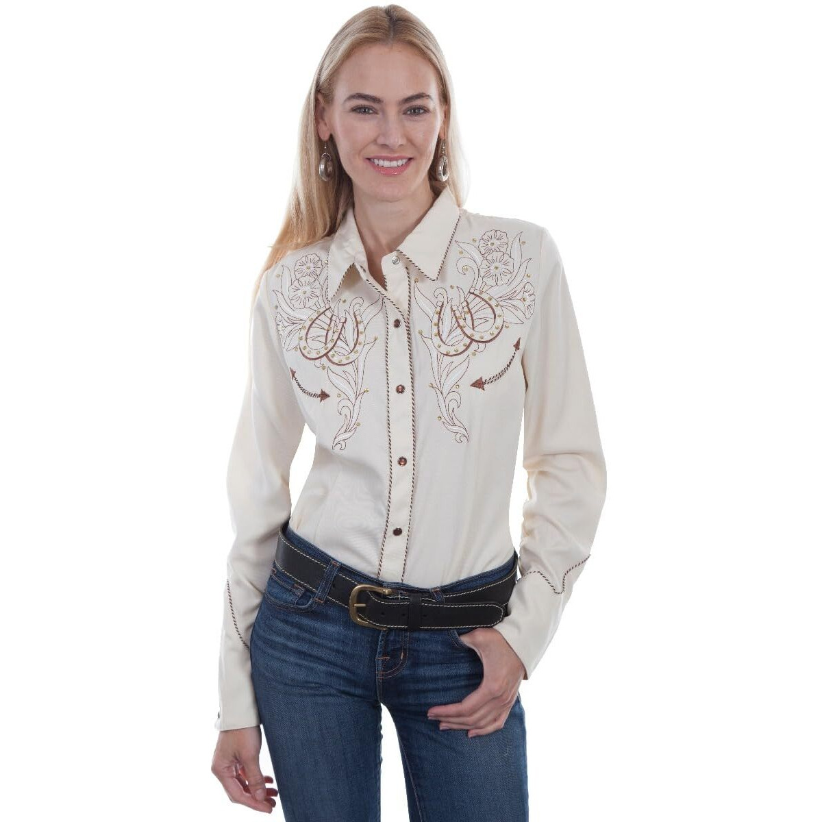 Scully Women's Western Horseshoe Long Sleeve Pearl Snap Shirt Cream US
