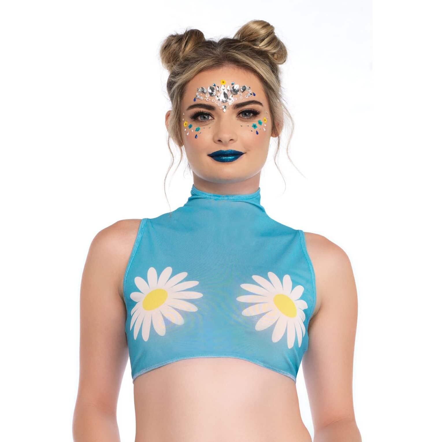Leg Avenue womens Daisy High Neck Mesh Crop Top With Zipper Back Festival Wear and Sexy Lingerie, Blue, Large US