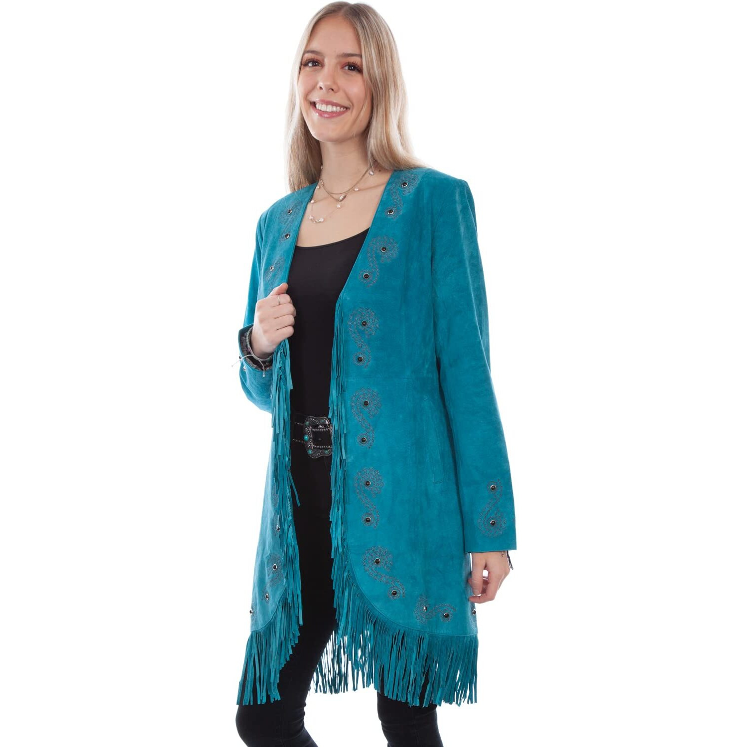 Scully Western Jacket Womens Fringe Embroidered Suede XL Dk Turq L165