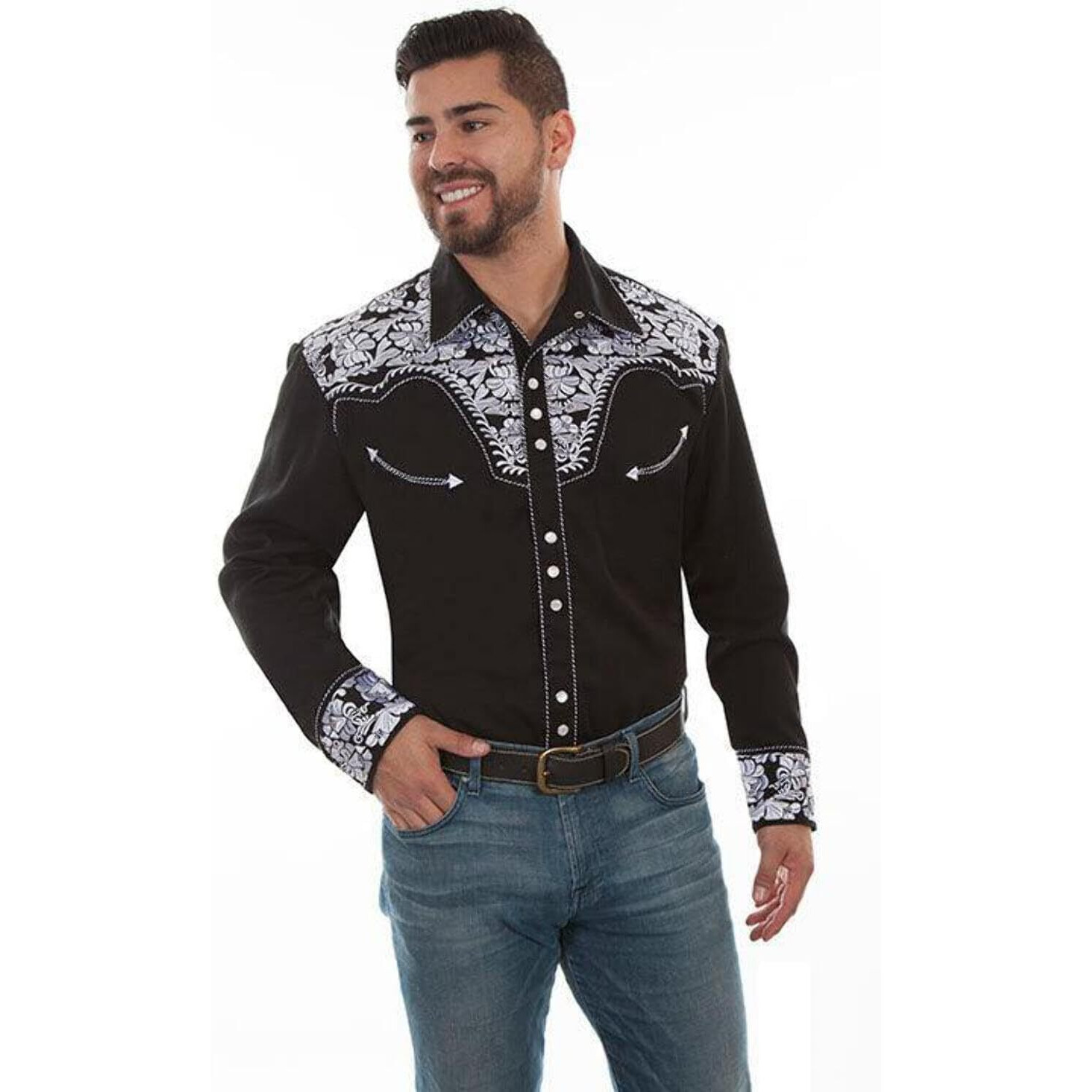 Scully White Floral Tooled Embroidered Snap Front Shirt P634 BLW **, Black, Large
