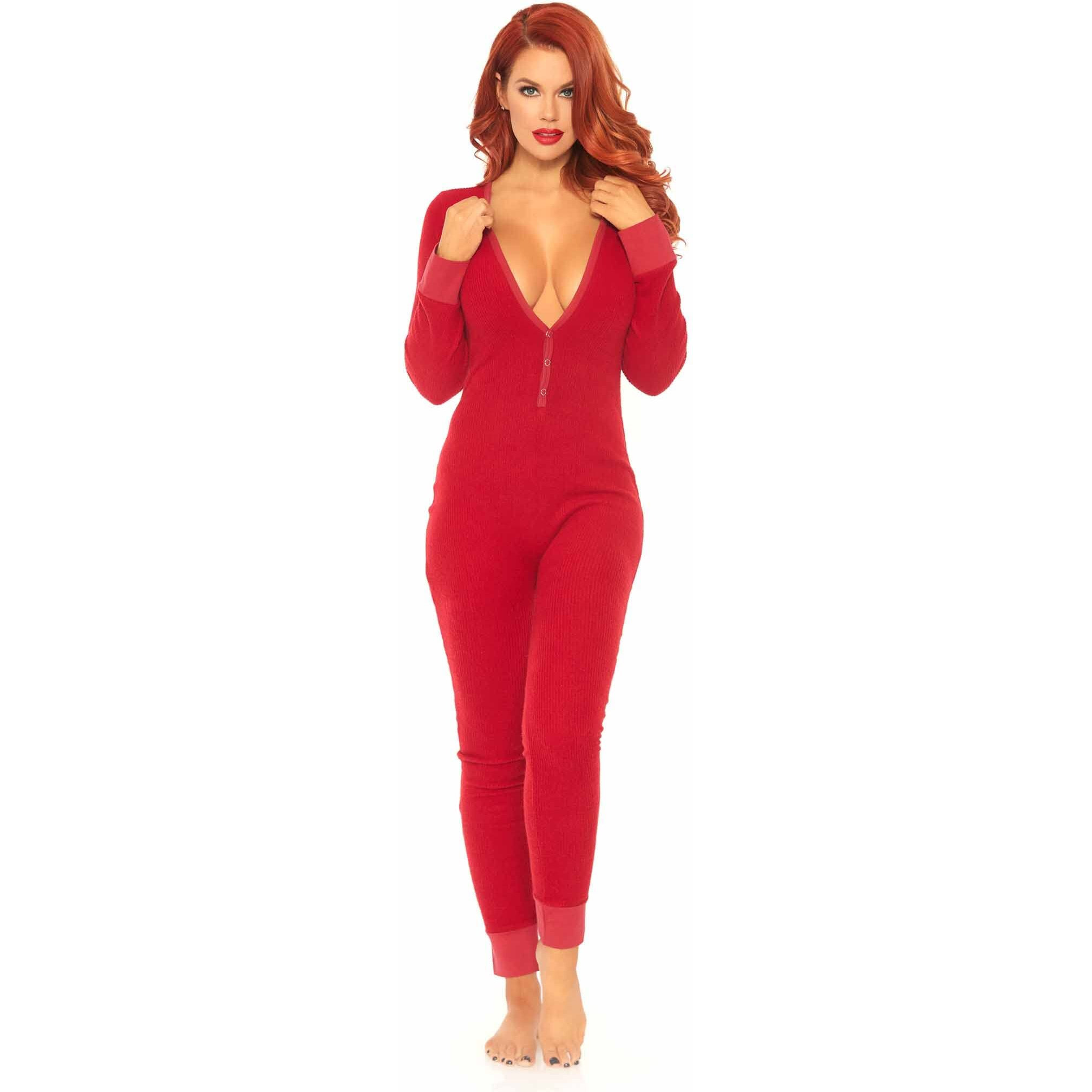 Leg Avenue womens Cozy Brushed Ribbed Jersey Adult Onesie With Cheeky Back Flap lingerie sets, Red, Medium-Large US