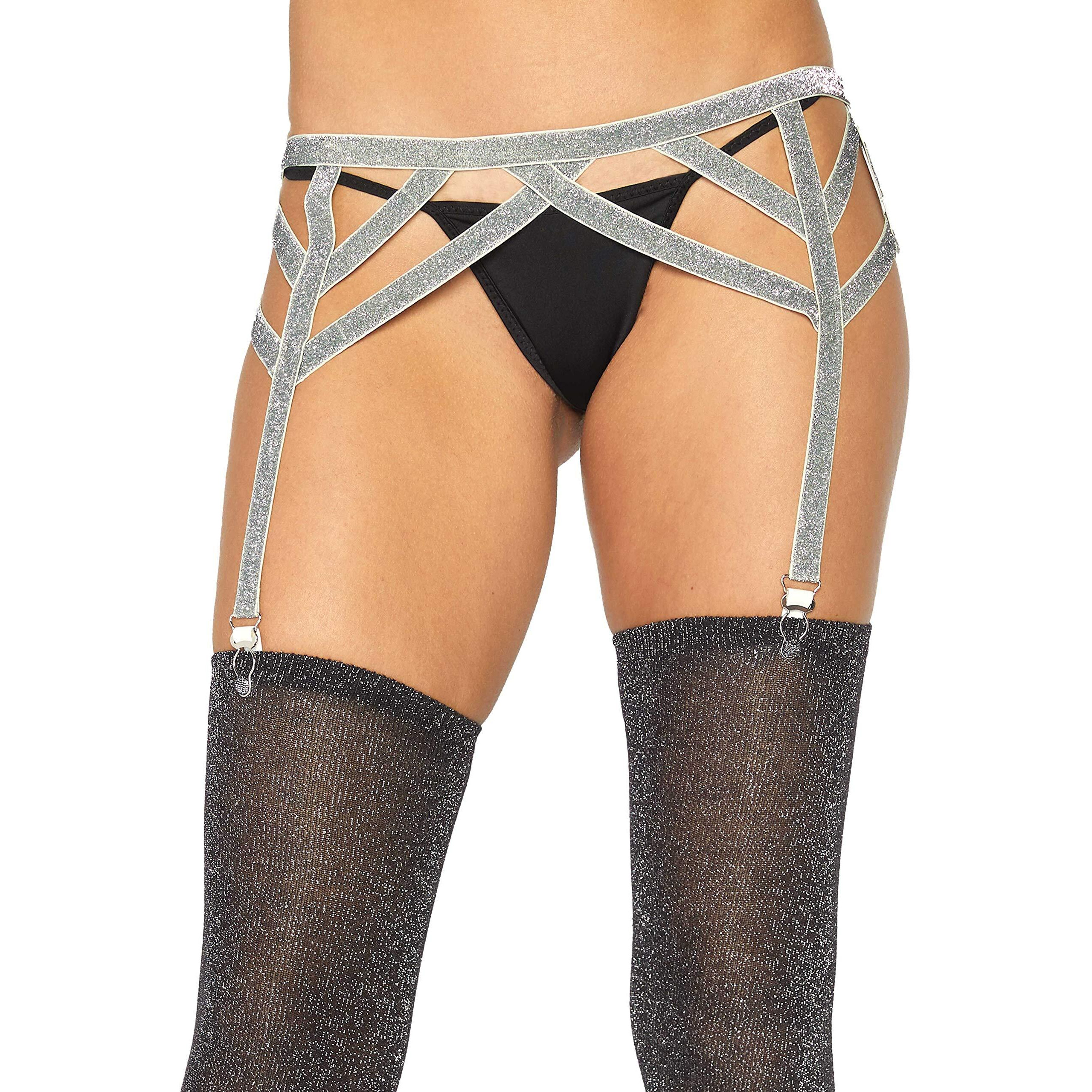 Leg Avenue Women's Shimmer Lurex Elastic Garter Belt. Underwear, Silver, OS