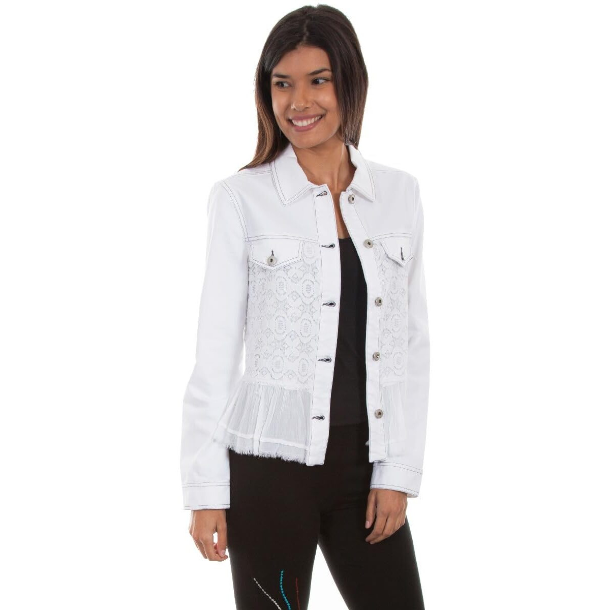 Scully Women's Georgette Ruffle Denim Jacket Black Medium