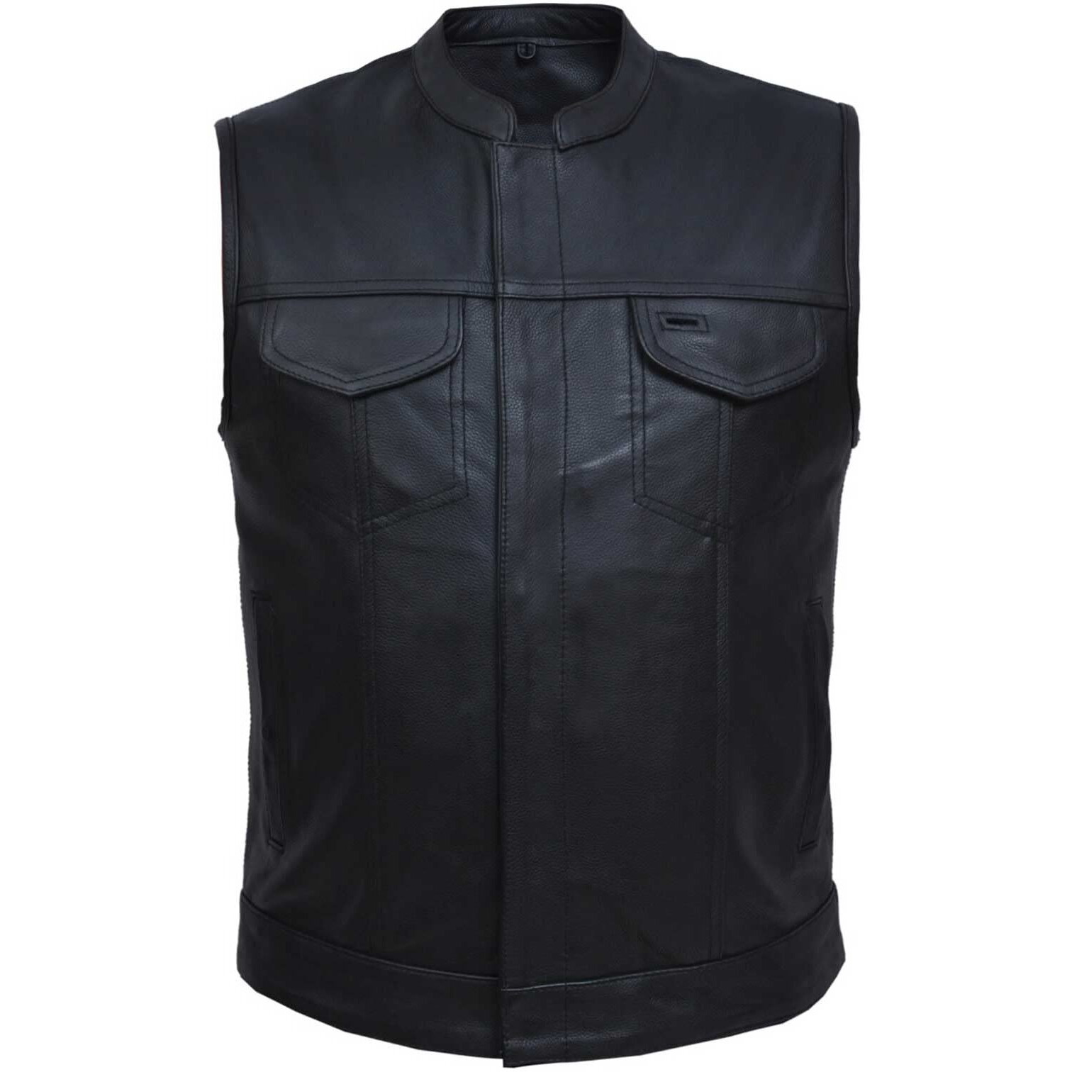 Men's Premium SOA Style Collared Leather Club Vest,Black,Size - 4XL
