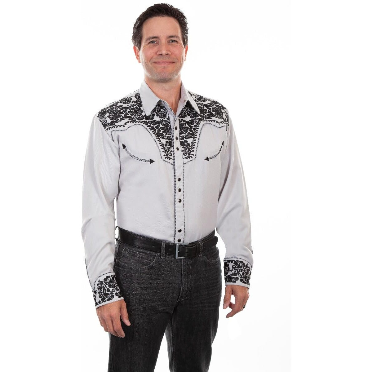 Scully Men's Floral Tool Embroidered Long Sleeve Western Shirt Steel XX-Large