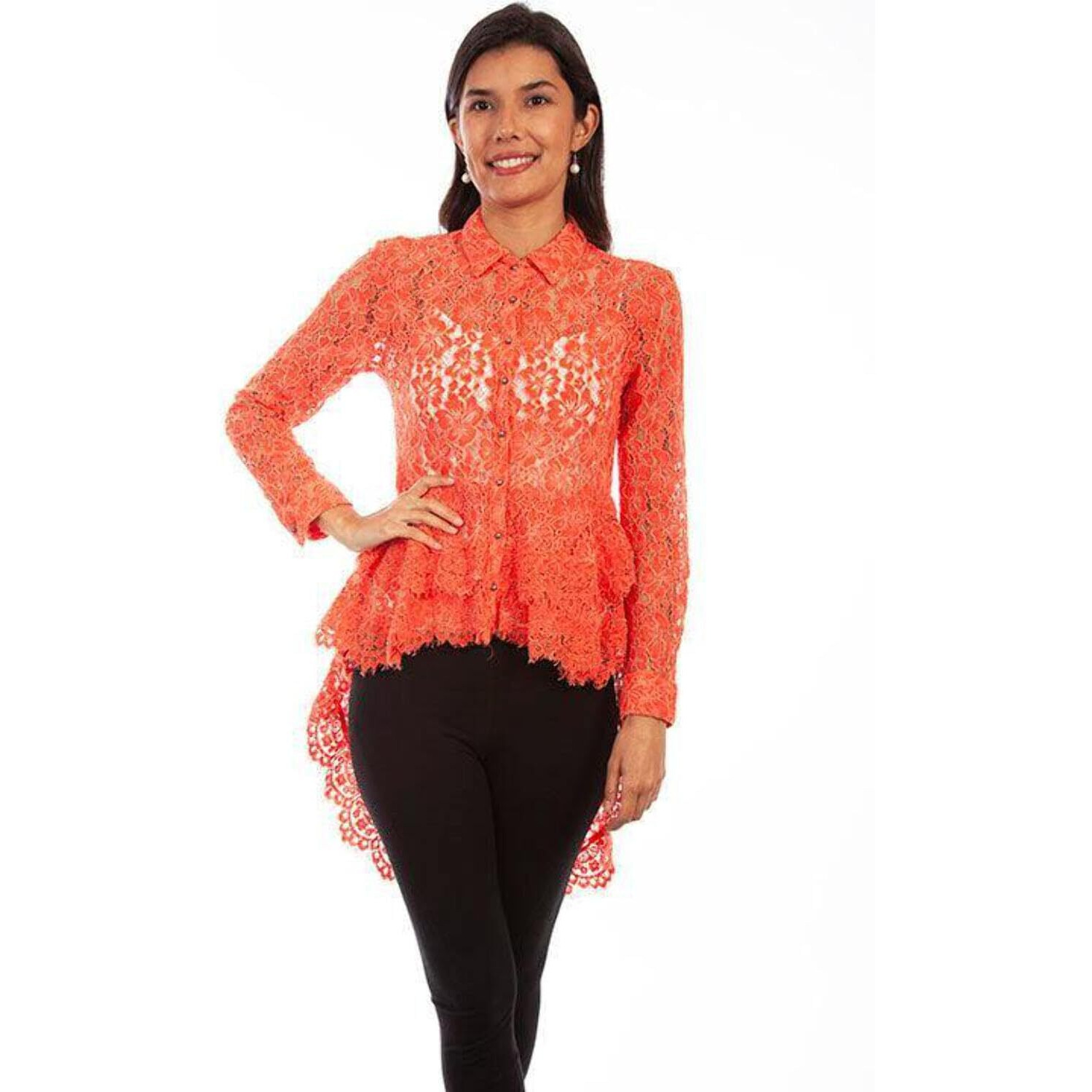 Scully Women's HC479 Hi/Lo Lace Button Front Blouse, Coral - Medium