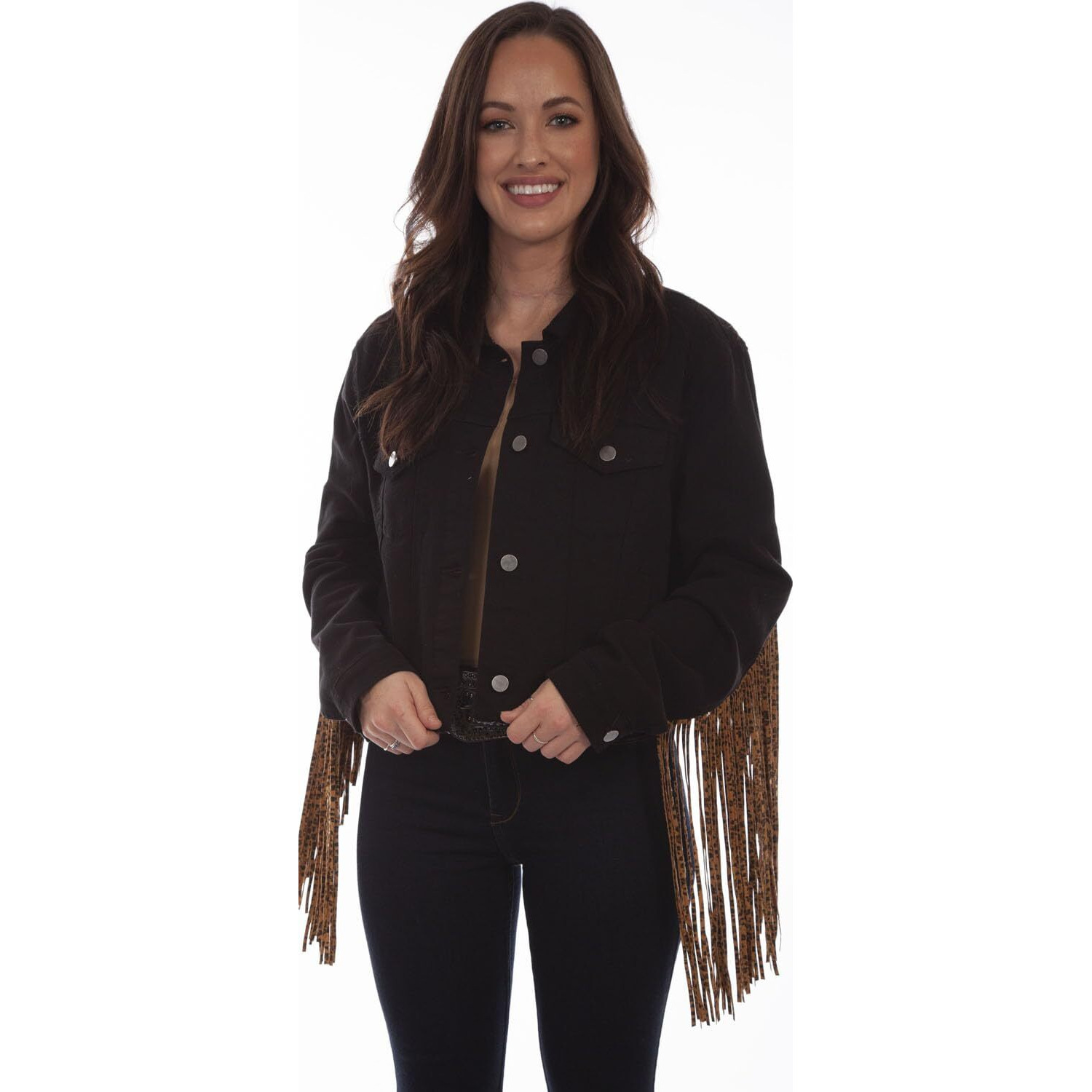 Scully Women's Honey Creek by Leopard Fringe Denim Jacket Black Large
