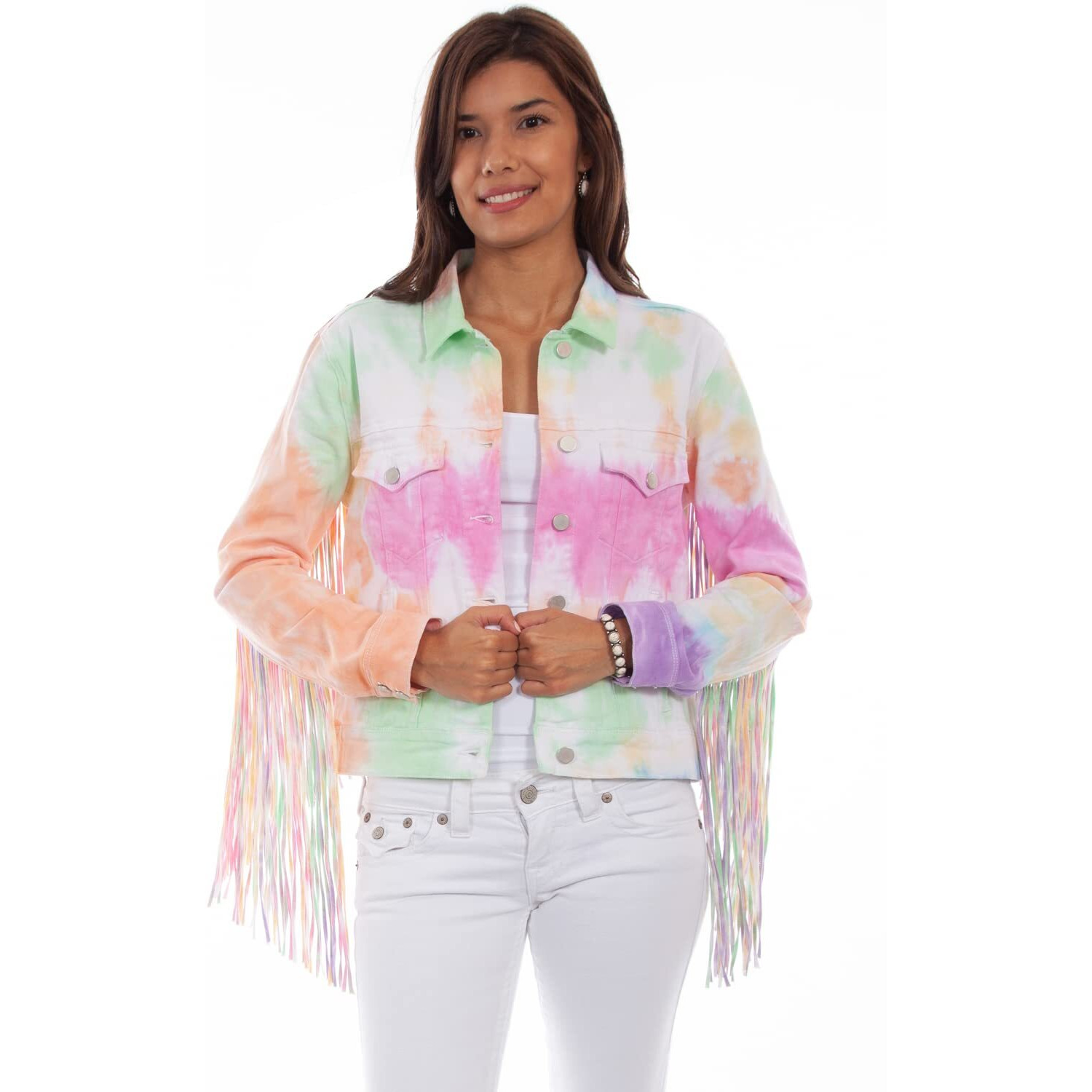 Scully Fringe Tie Dye Jean Jacket with Button Front Closure, Large
