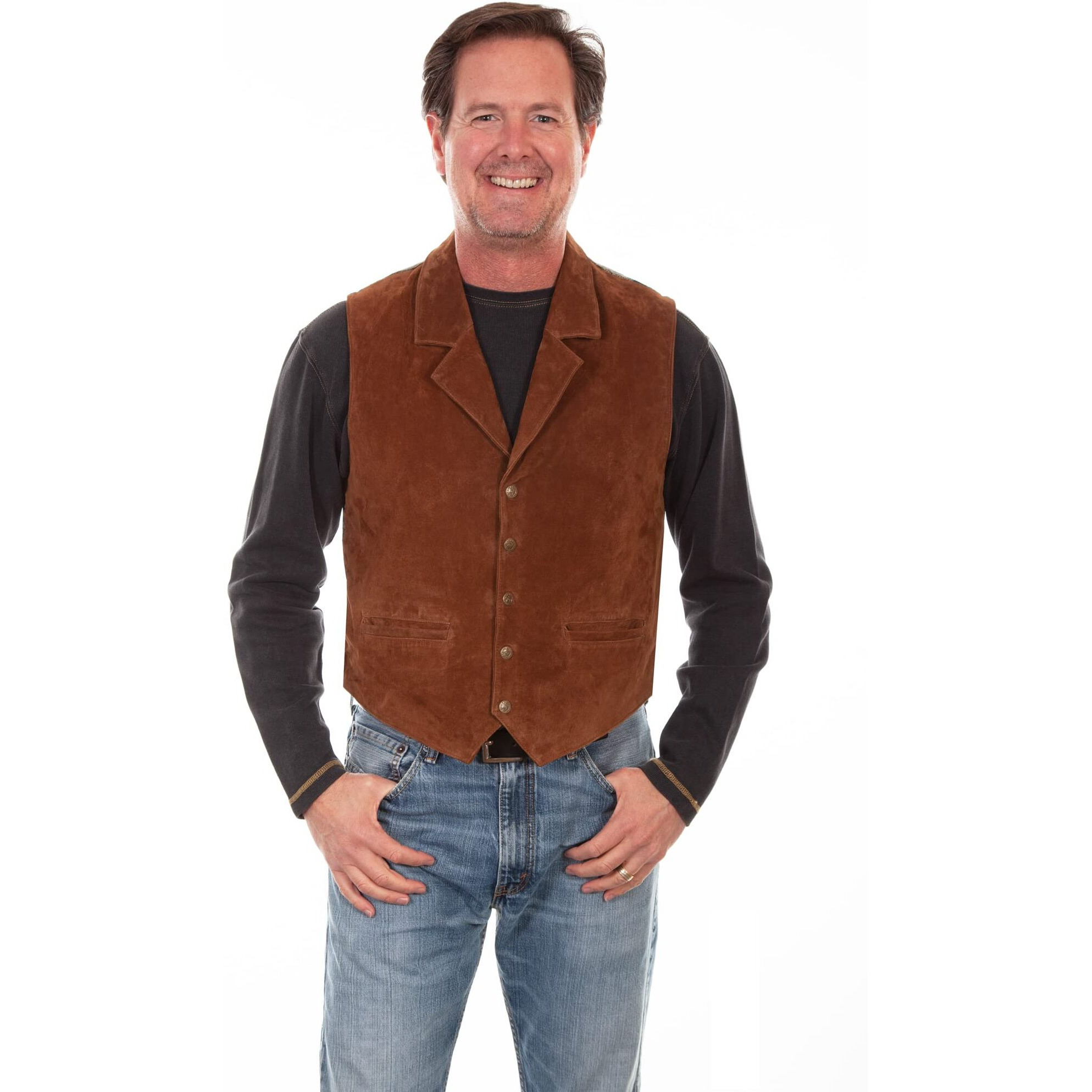 Scully Men's Cinnamon Boar Suede Aztec Back Snap-Front Knit Vest Big Brown 4X
