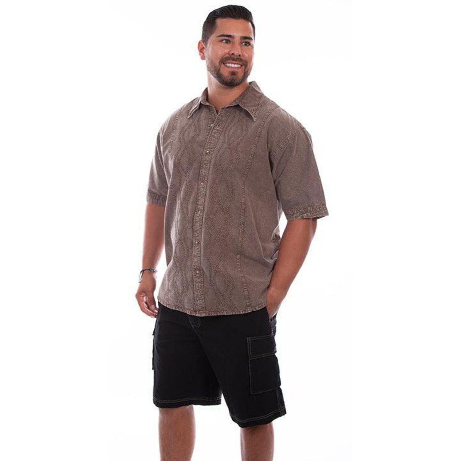 Scully Western Shirt Mens S/S Embroidered XL Latte Distressed F0_5203