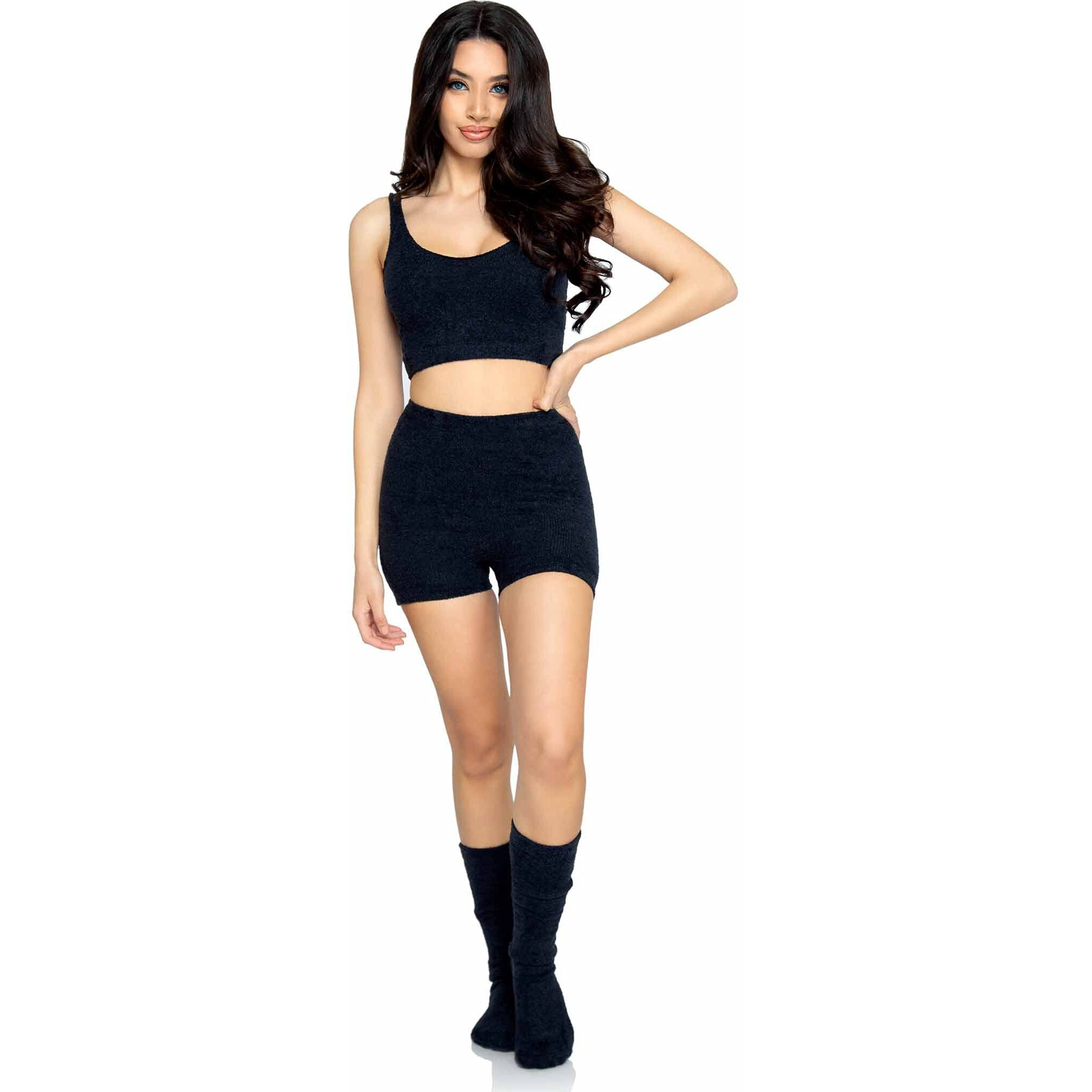 Leg Avenue Women's 3 Pc Ultra Soft Cozy Knit Set with Cropped Tank, Boyshort, Knee Socks, Black, Small-Medium