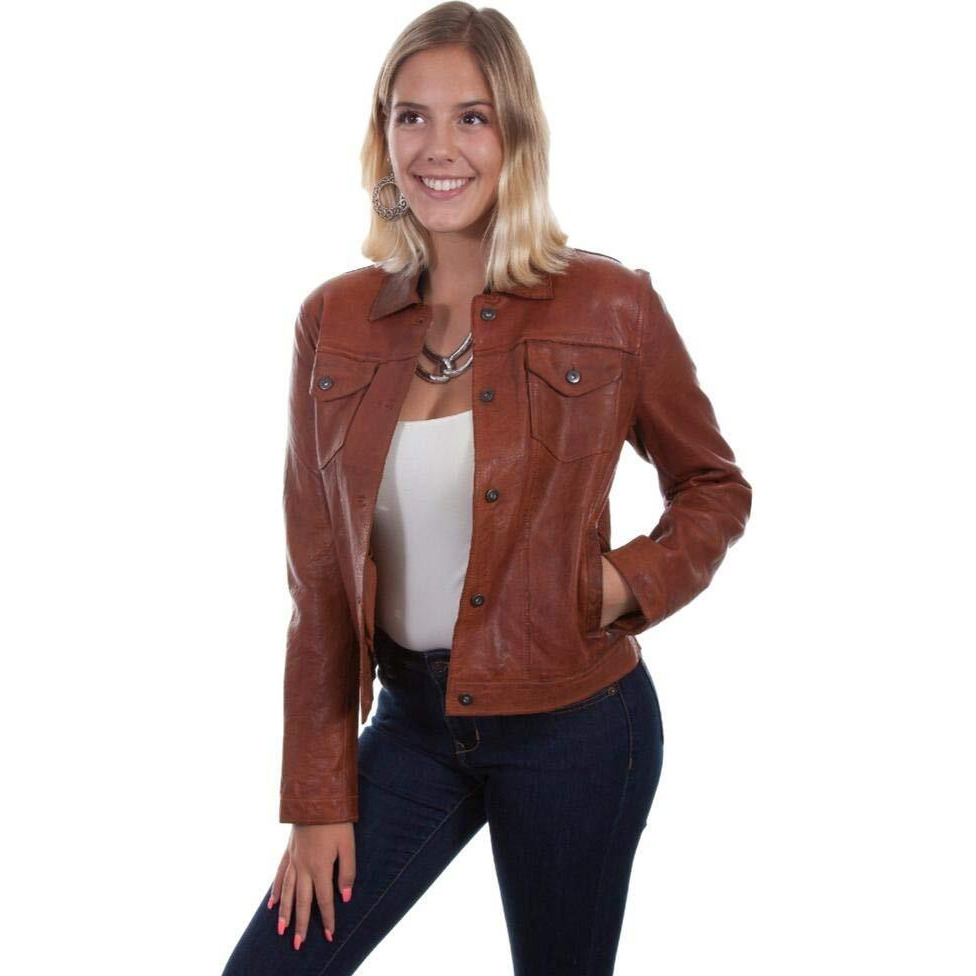 Scully Western Jacket Womens Leather Jean Button XS Cognac F0_L1031