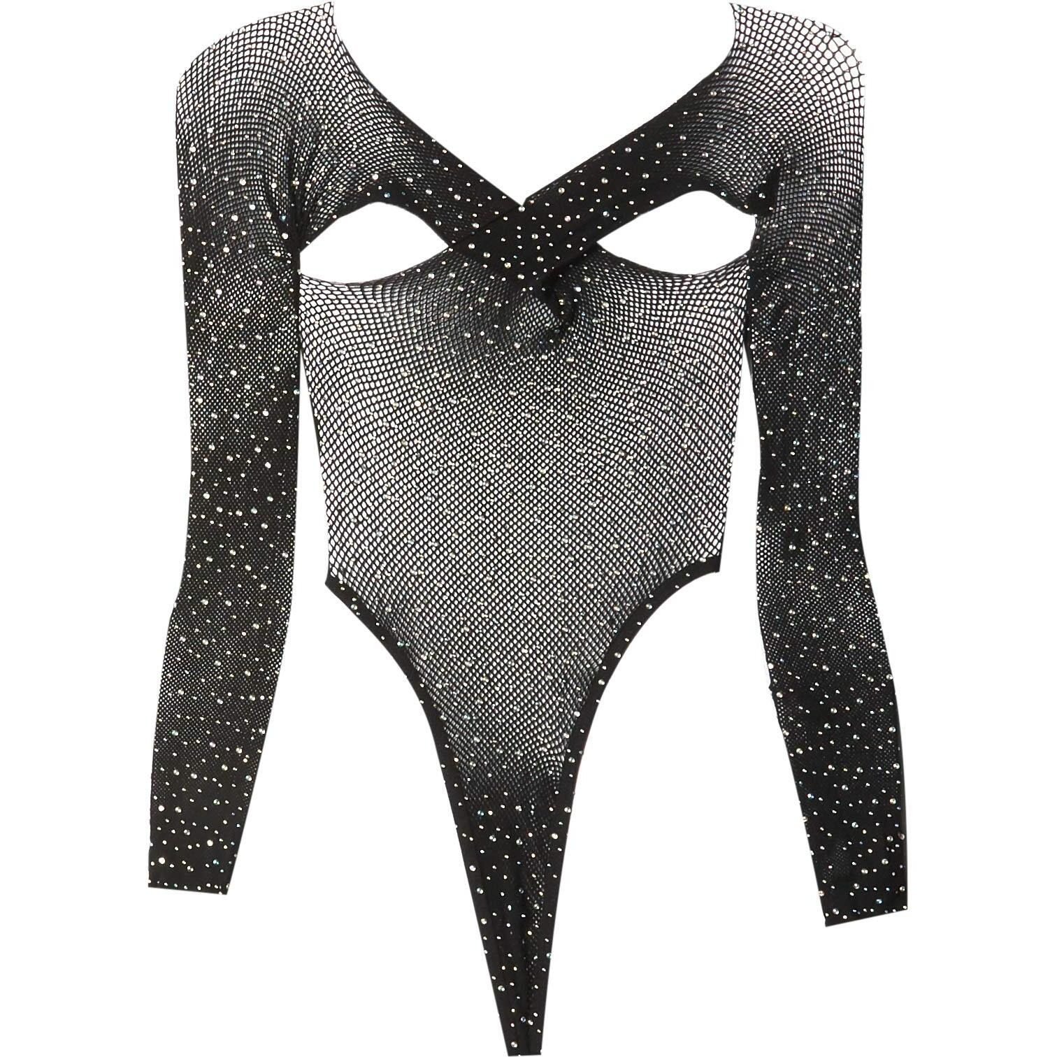 Leg Avenue Rhinestone Fishnet Cross Over Shrug Top Bodysuit, One Size