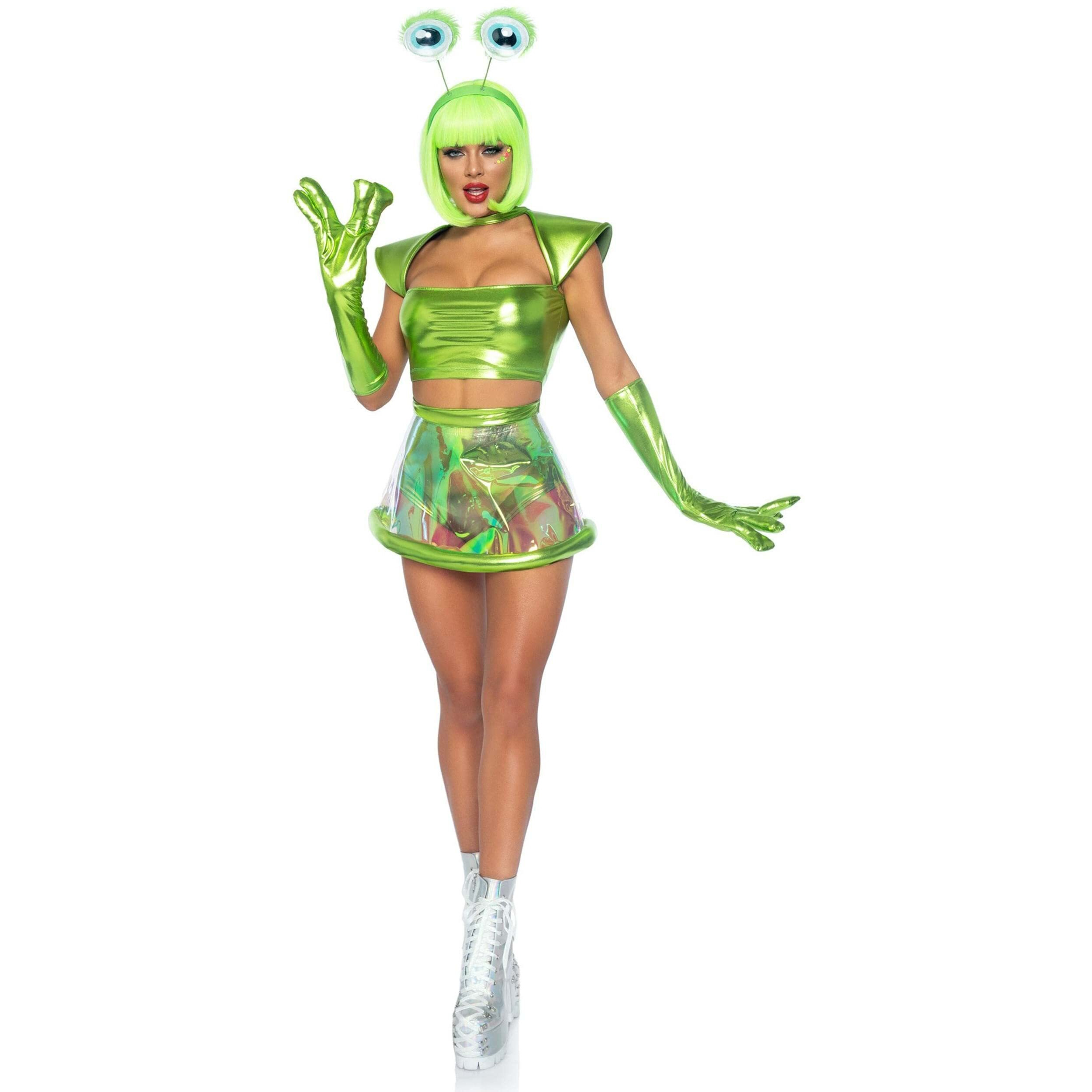 Leg Avenue 87067-12601 5 Pc Beam Me Up Babe, Includes Metallic Lame Crop Top, Iridescent Clear Skirt, High Waist Panty, Alien Gloves, And Googly-Eye Headband, Small, Green