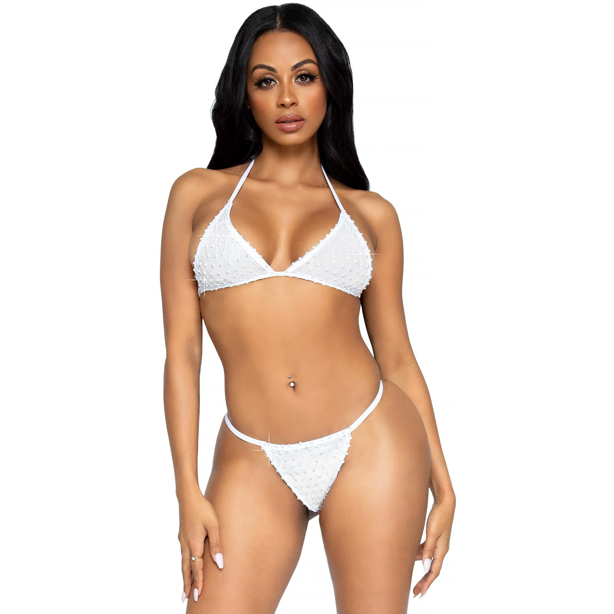 Leg Avenue Women's 2 Pc Tempest Rhinestone Bikini Set with Mesh Top, G-String Bottoms, White, One Size
