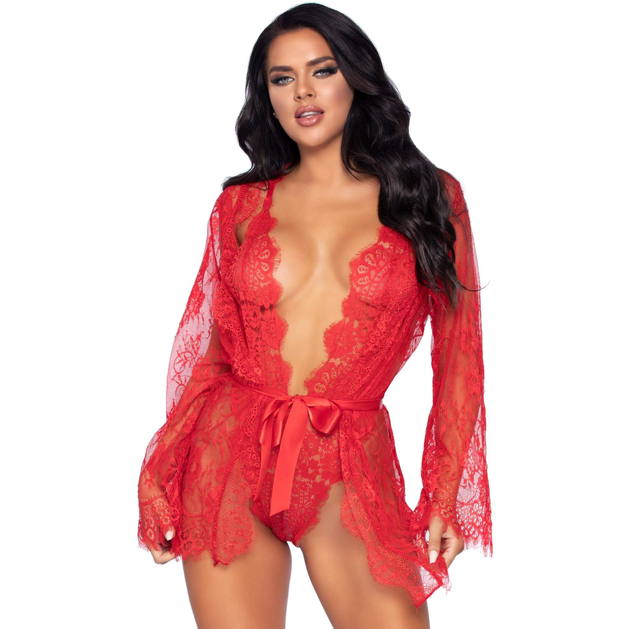Leg Avenue 86112X-00108 3 Pc Floral Lace Teddy With Adjustable Straps And Cheeky Thong Back, Matching Lace Robe With Scalloped Trim, And Satin Tie, 1X-2X, Black