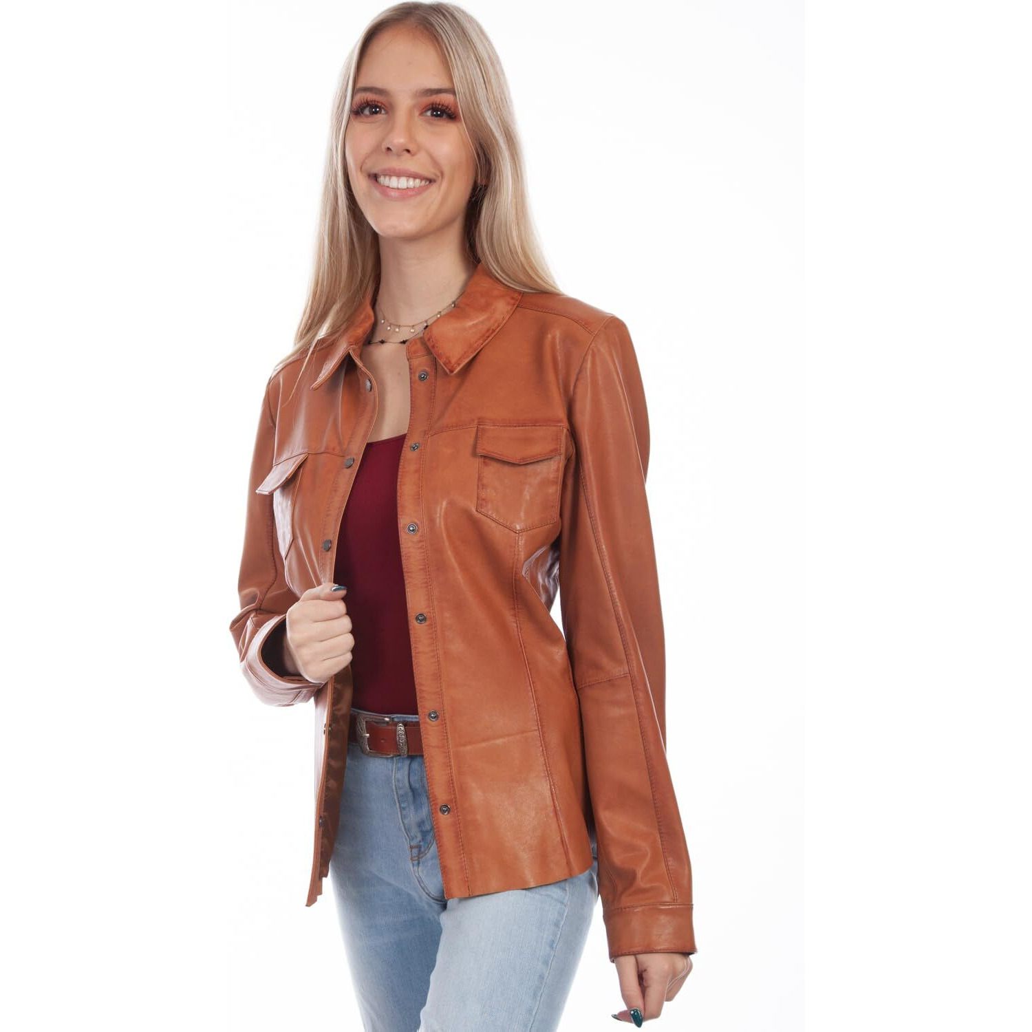 Scully Women's Rich Lamb Lined Snap-Front Leather Shirt Jacket Olive X-Large