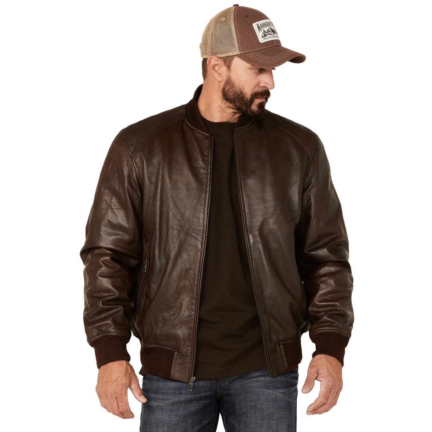 Scully Men's Ribbed Zip-Front Leather Bomber Jacket Brown Medium
