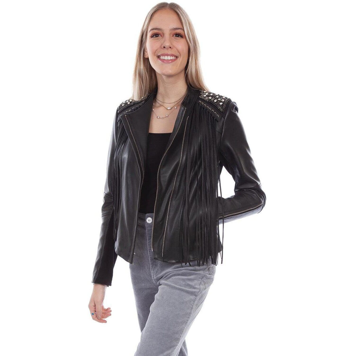 Scully Women's Lamb Studded Zip-Front Fringe Leather Jacket Black Medium