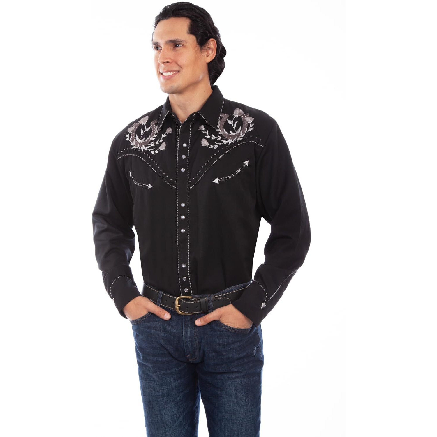 Scully Men's Horseshoe And Roses Embroidered Long Sleeve Snap Western Shirt Black X-Large