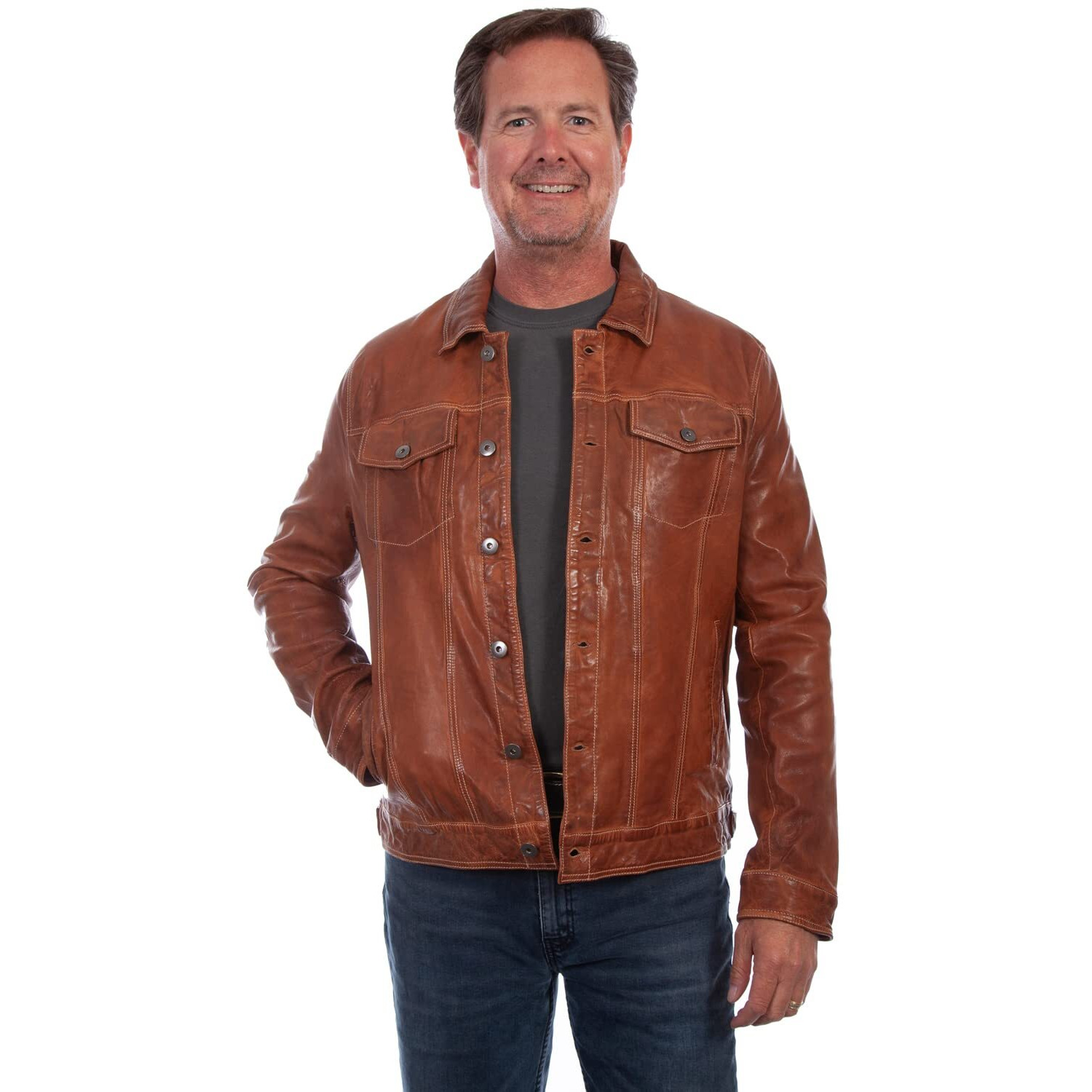 Scully Men's Leather Button-Front Trucker Jacket Tan 3X