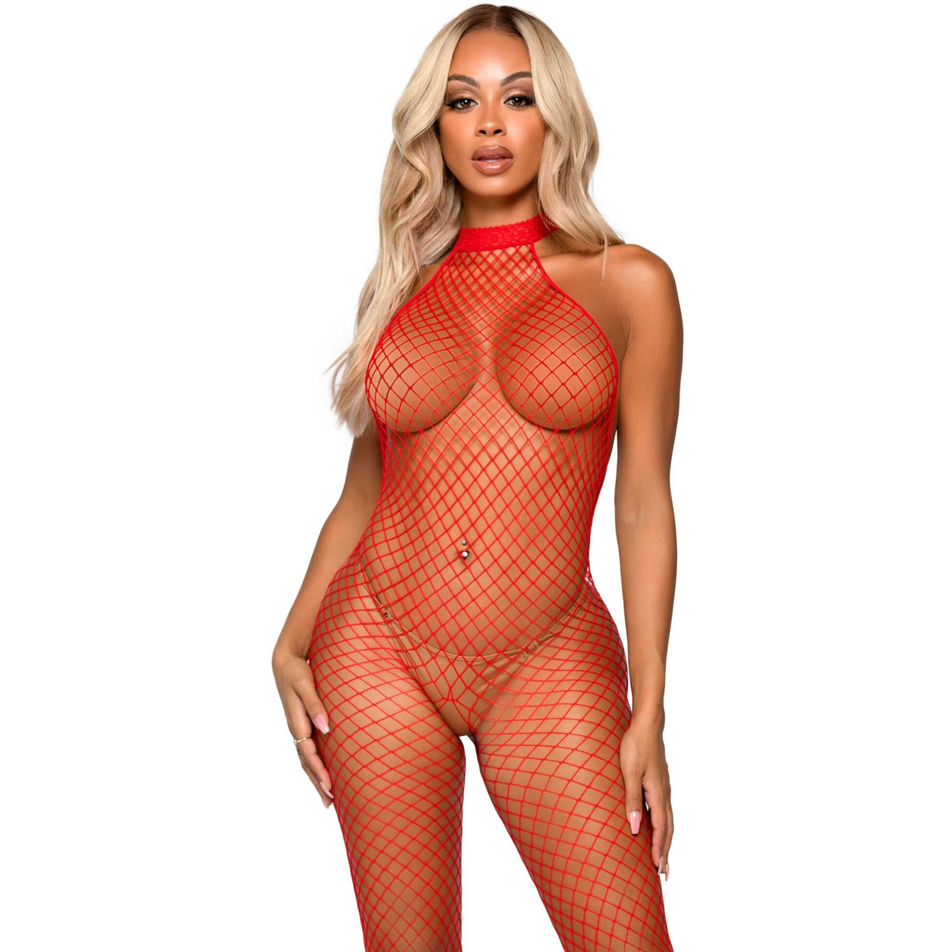 Leg Avenue 89304-00322 Industrial Net Racer Neck Backless Bodystocking, O/S, Red