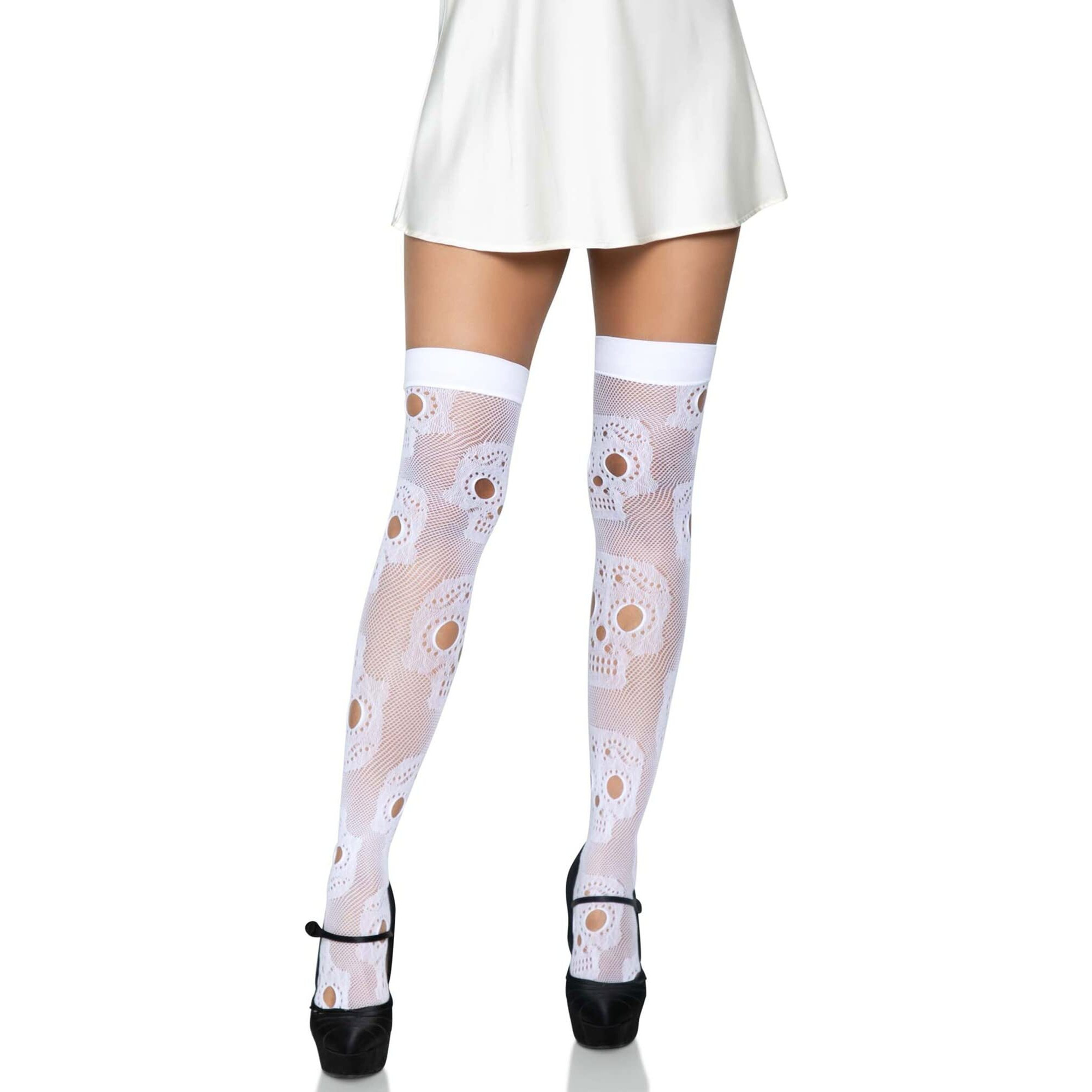 Leg Avenue Women's Spooky Halloween Fishnet Thigh Highs Tights, White, One Size US