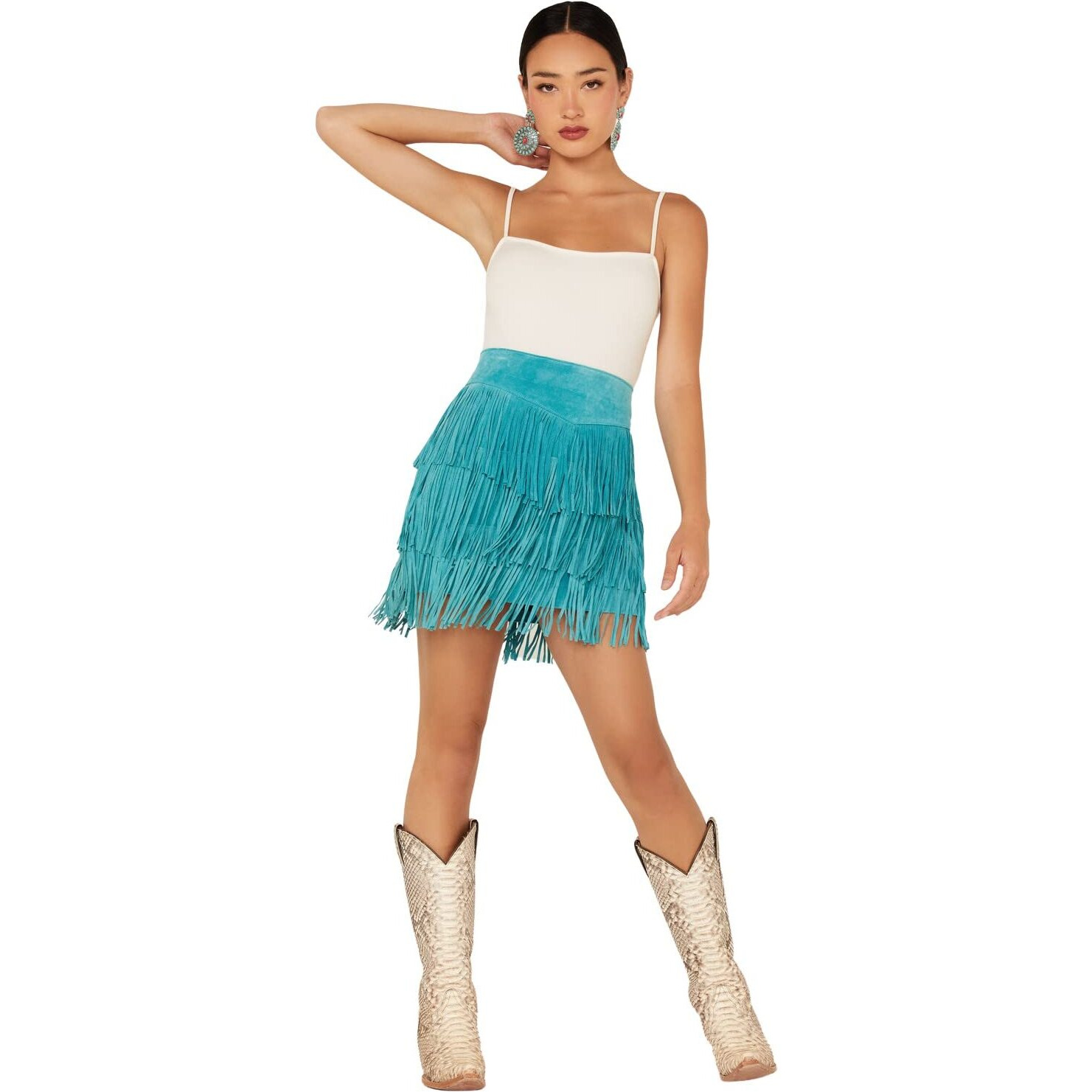 Scully Women's Fringe Tiered Suede Mini Skirt Turquoise Small