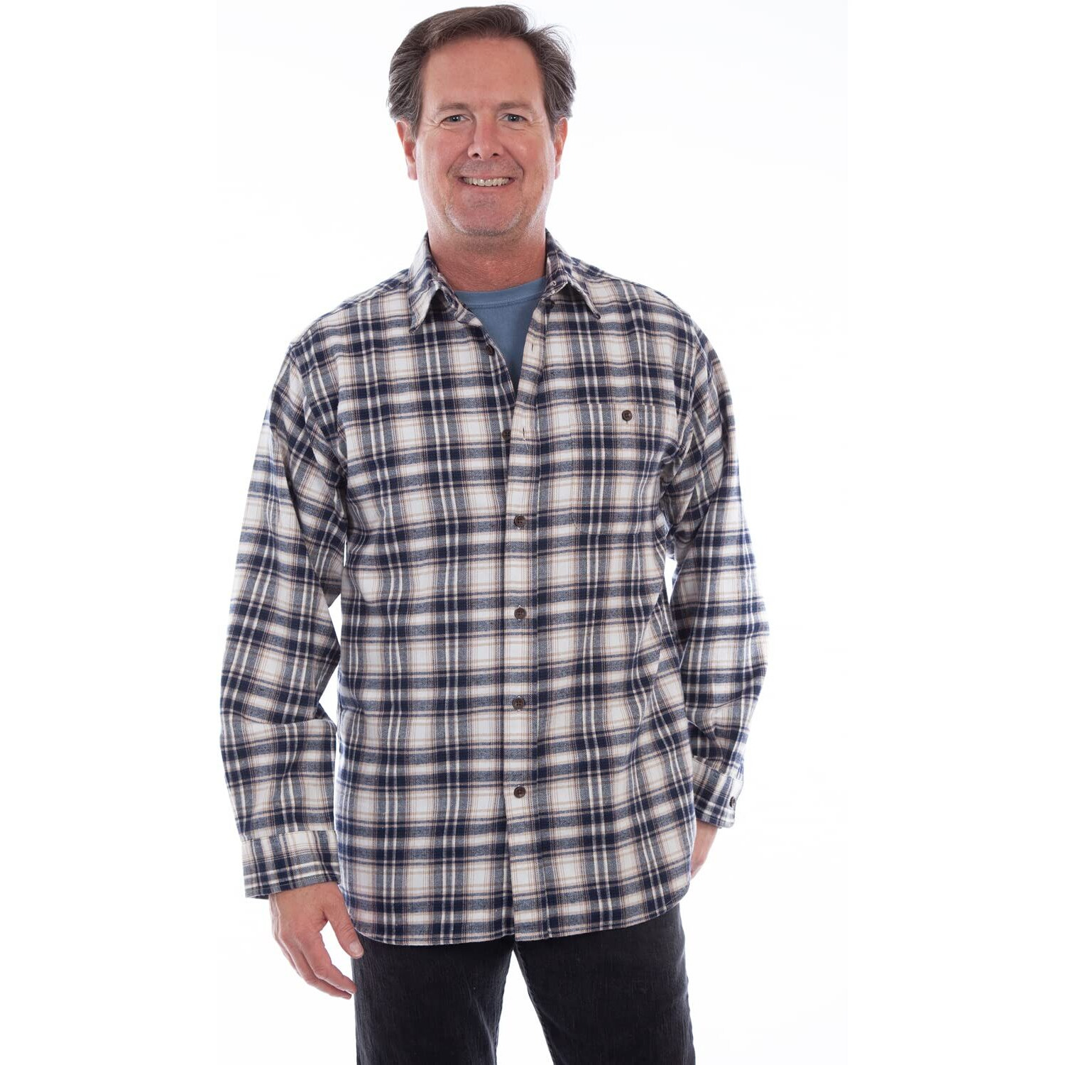 Scully Mens Navy 100% Cotton Flannel Plaid L/S Shirt L