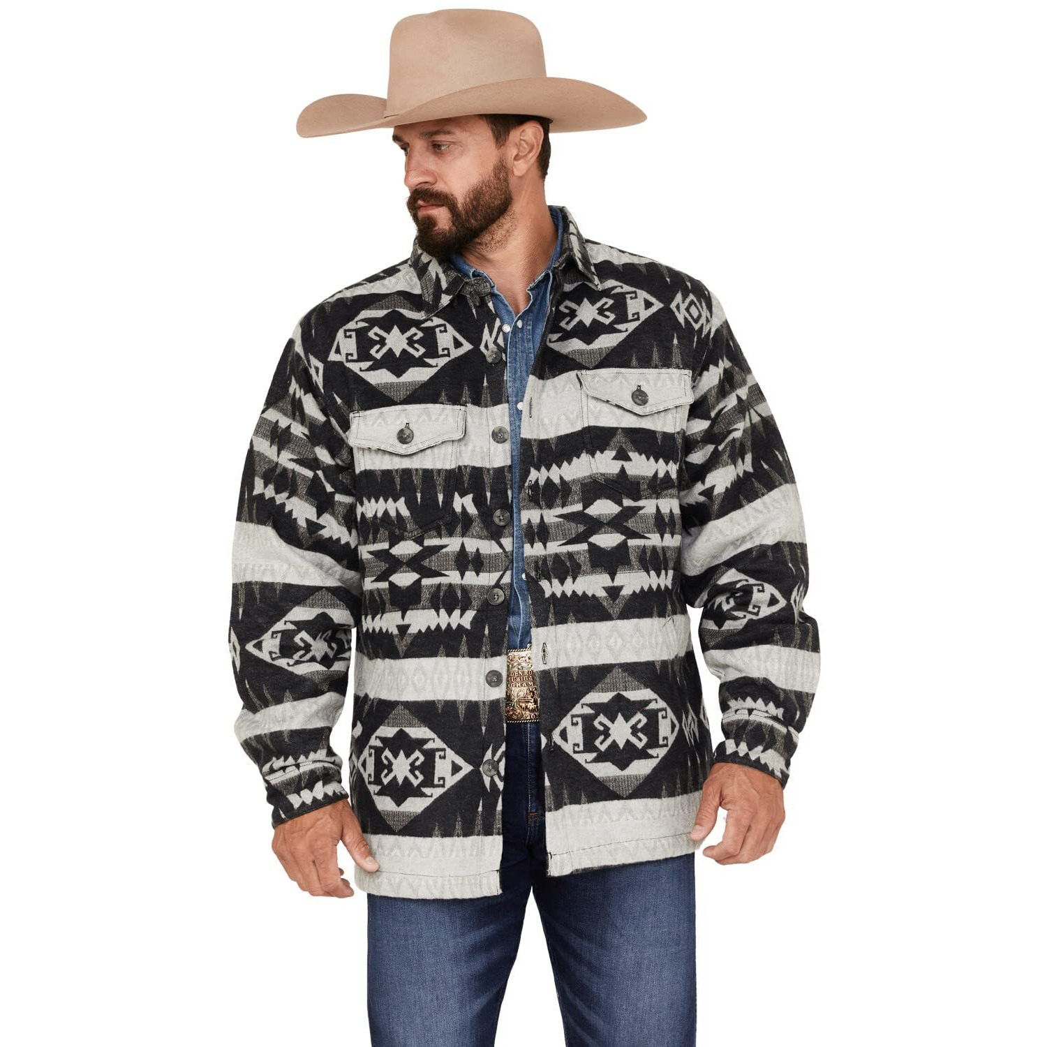 Scully Men's Southwestern Stripe Print Jacquard Flannel Shacket Grey Medium