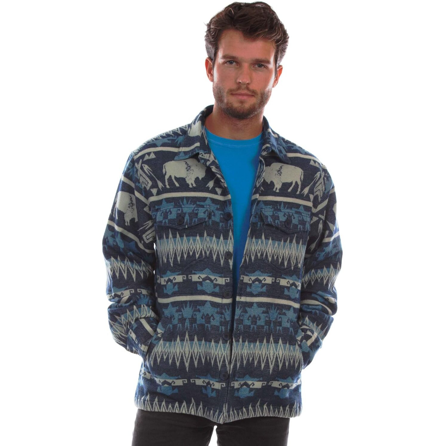 Scully Men's Buffalo Southwestern Stripe Print Flannel Shacket Blue XX-