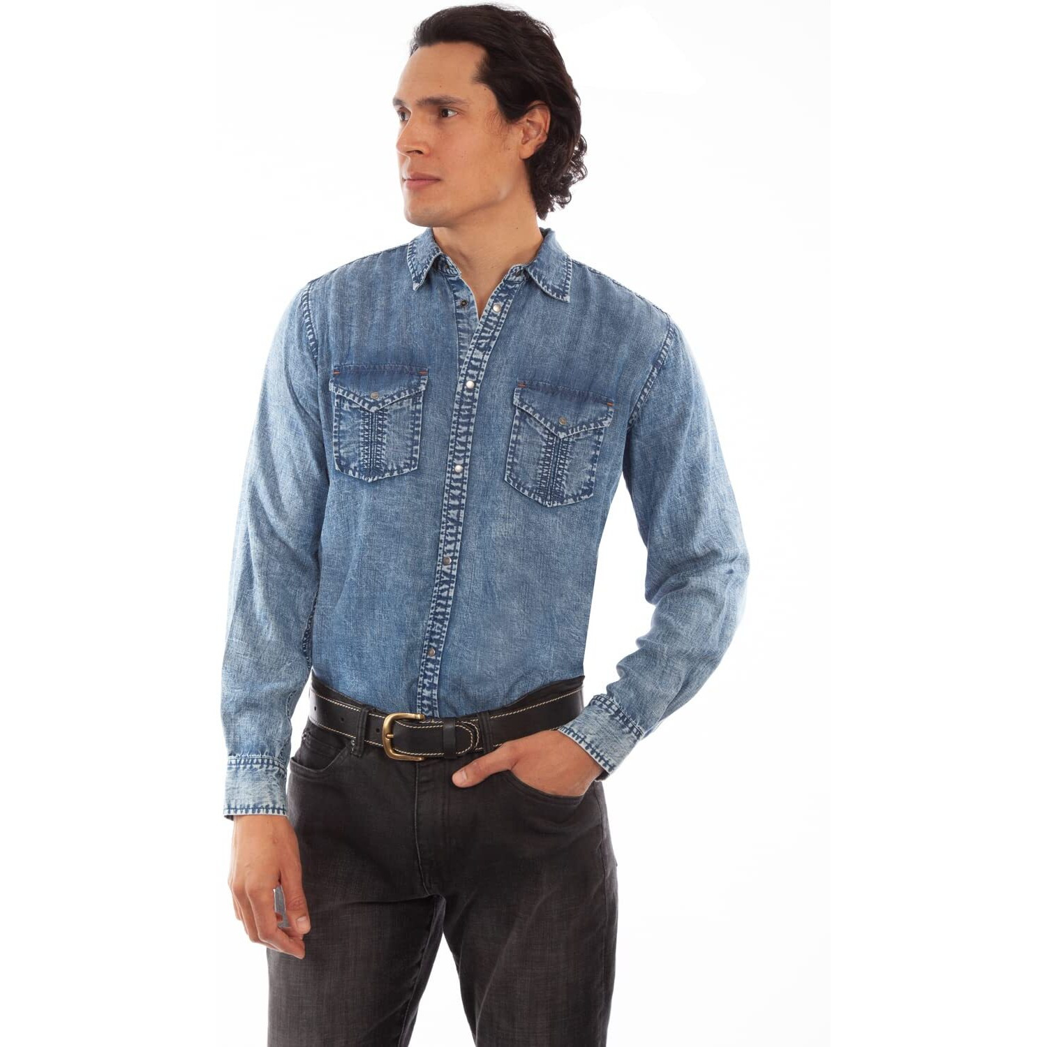 Scully Western Shirt Mens L/S Snap Solid Tencel M Denim F0_PS-285