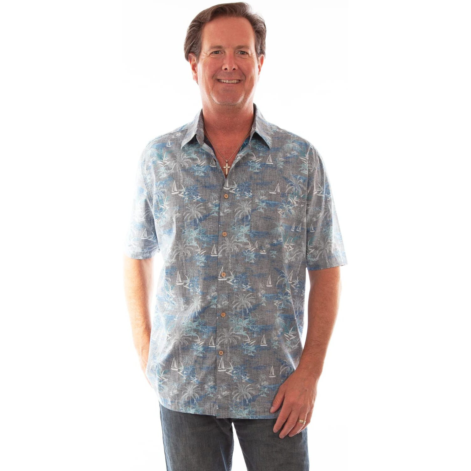 Scully Western Shirt Mens S/S Palm Tree Print Button L Gray F0_5312