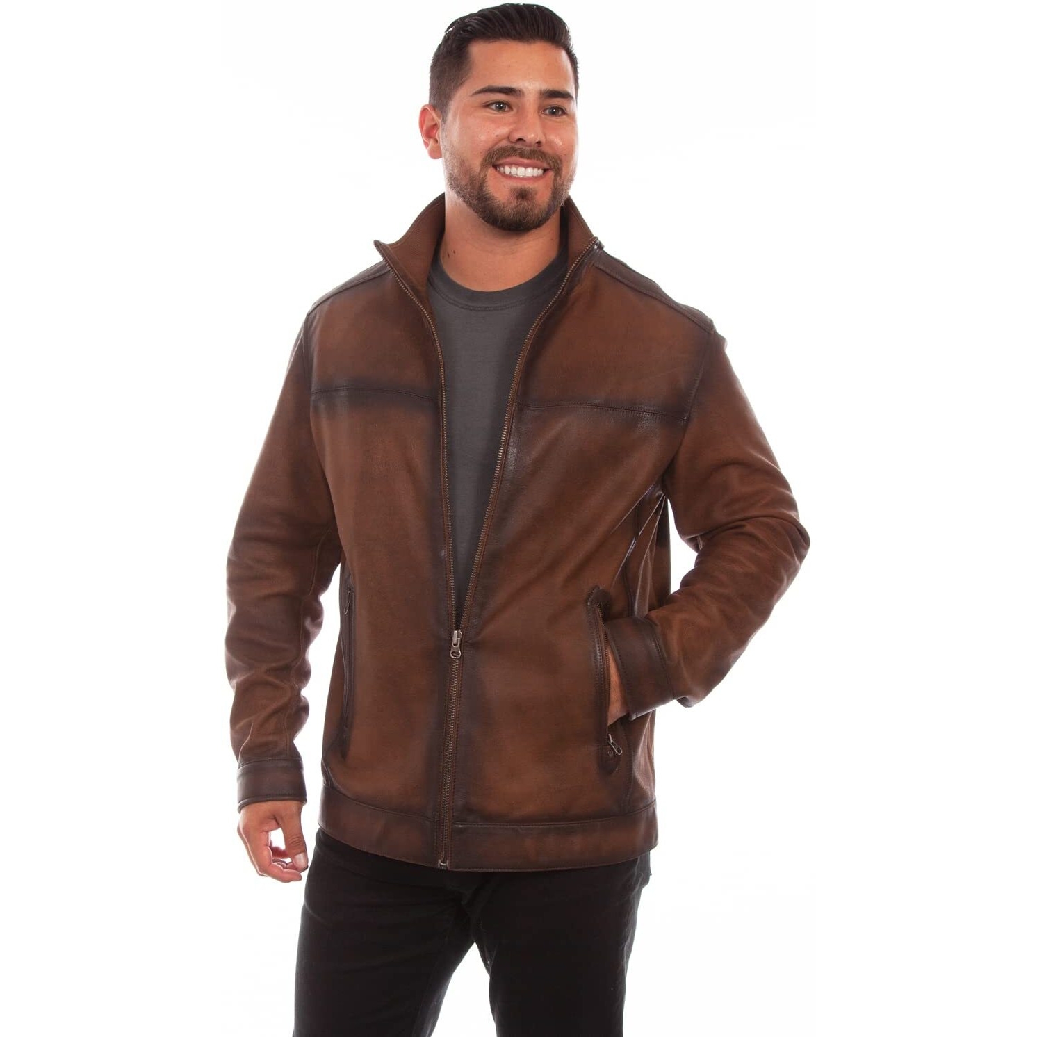 Scully Western Jacket Mens Burnished Leather Zip XL Brown F0_1076