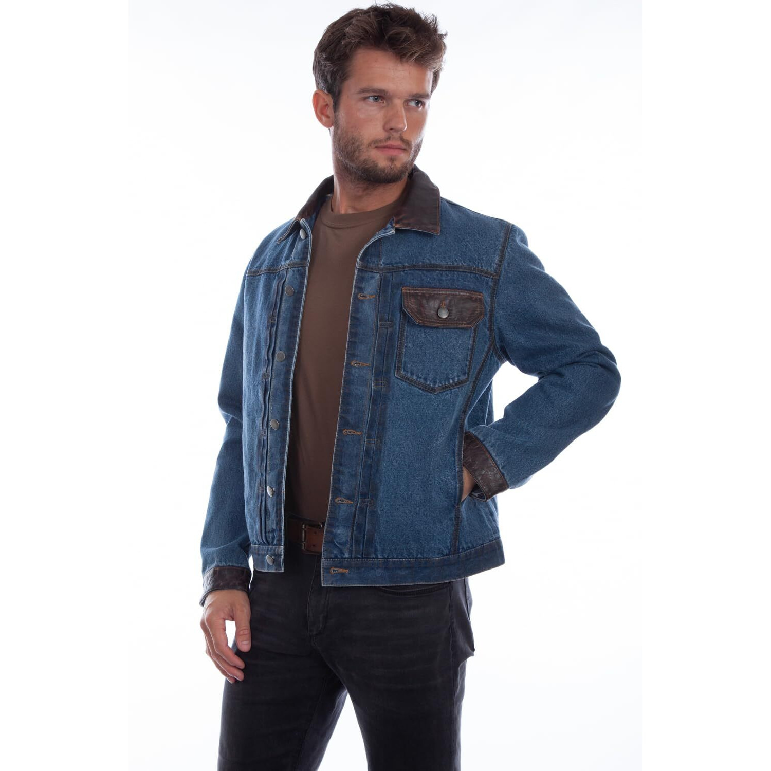 Scully Western Jacket Mens Jean Leather Trim Button XL Denim F0_2014